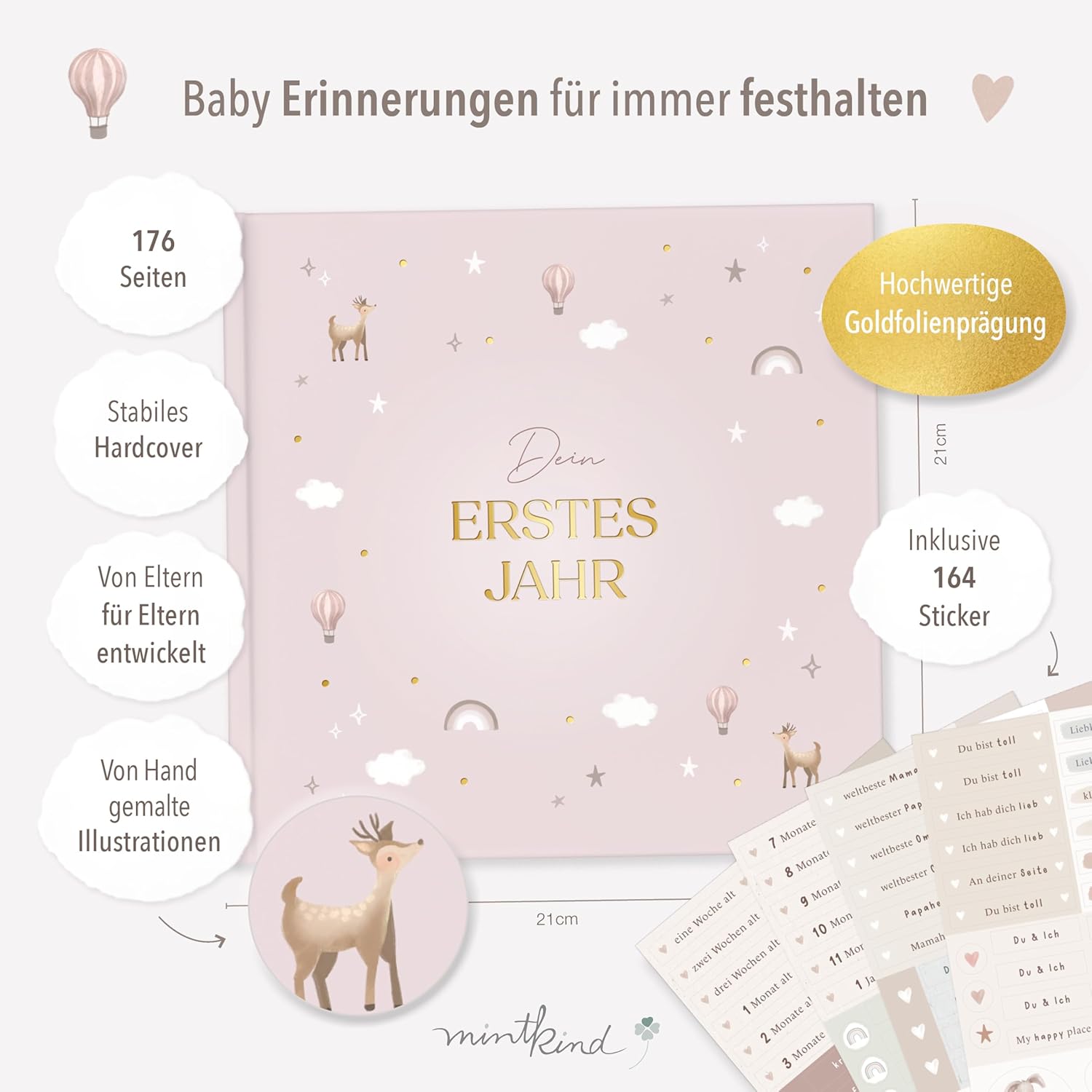 Thumbnail 1 de mintkind® „Mein erstes Jahr“ Babyalbum Pattern Rosa – sanftes Babytagebuch mit 176 Seiten & Sticker-Set im Hardcover
