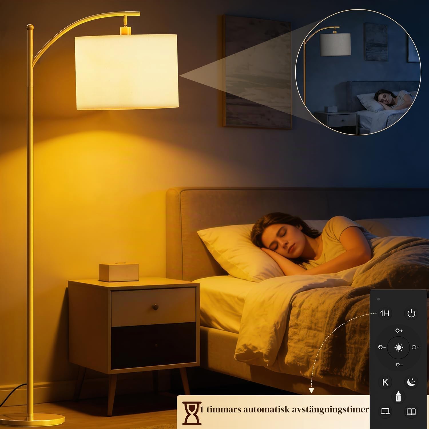 Detalle de GLUROO 01 golvlampa i guld med fjärrkontroll och dimbar LED-belysning