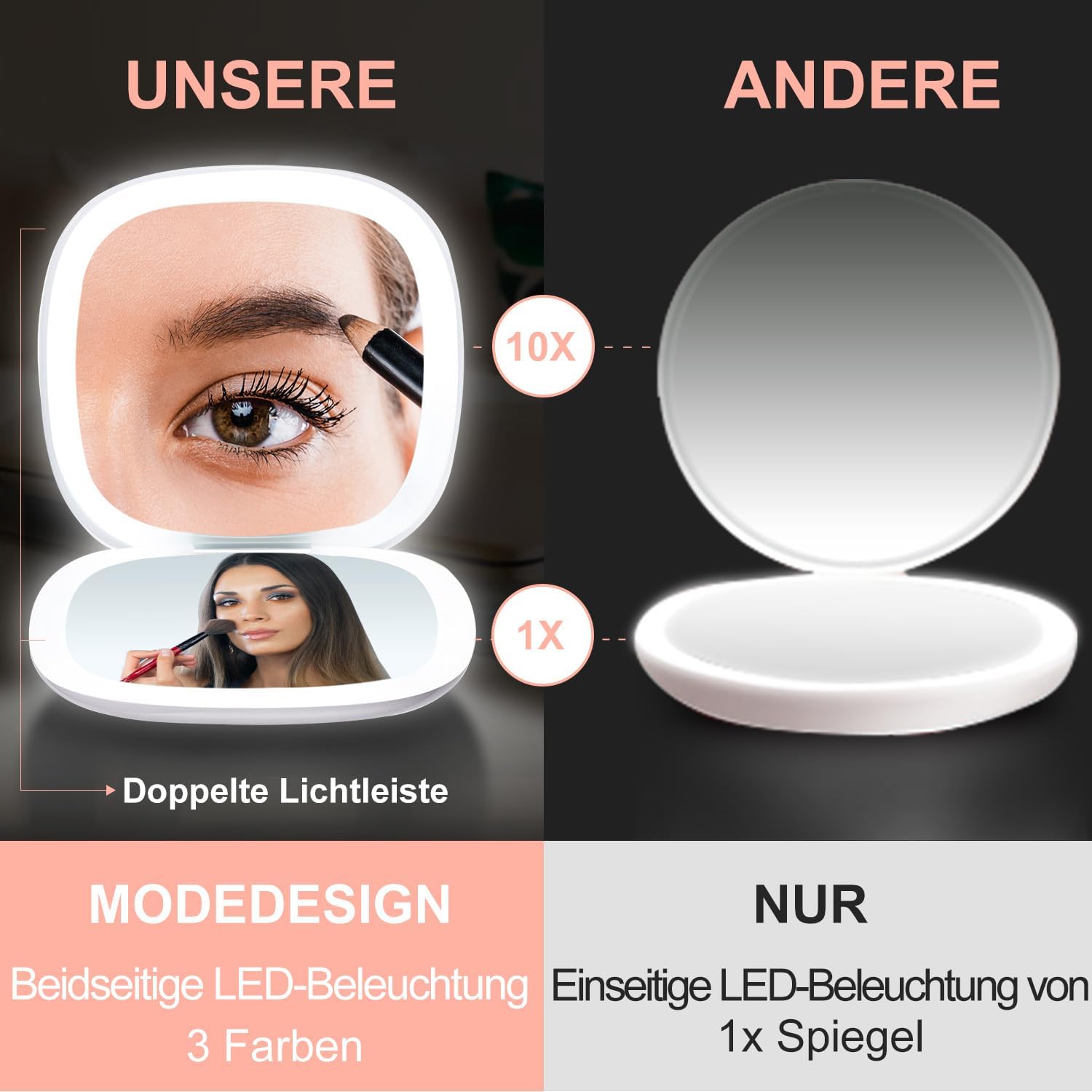 Detalle de Mocado Taschenspiegel mit Licht – 1/10 Vergrößerung, 10 cm, beidseitig, wiederaufladbar, Touchscreen, Weiß