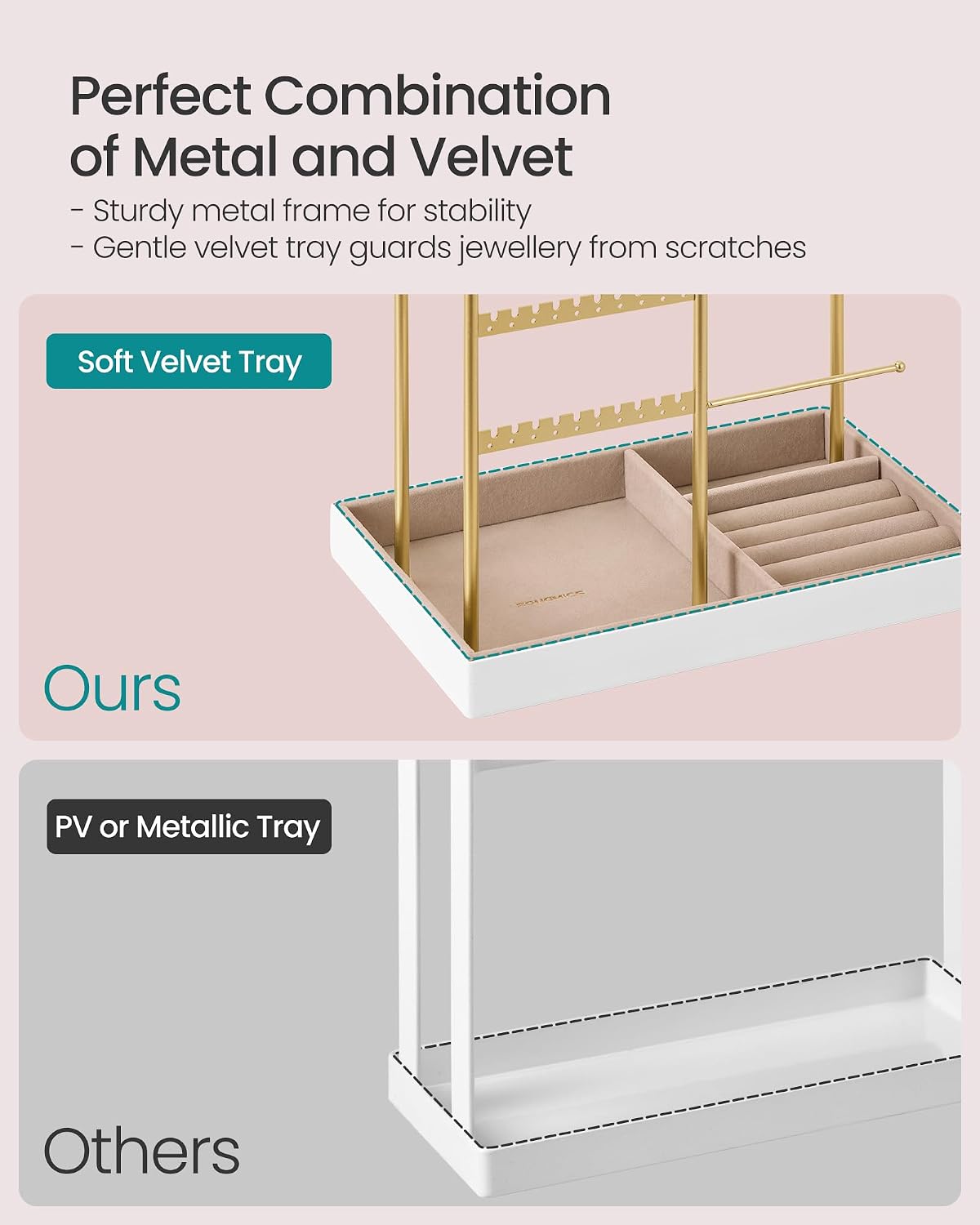 Detalle de SONGMICS CAELEY JJS028A01 Jewellery Stand with Velvet Tray, Pale Gold