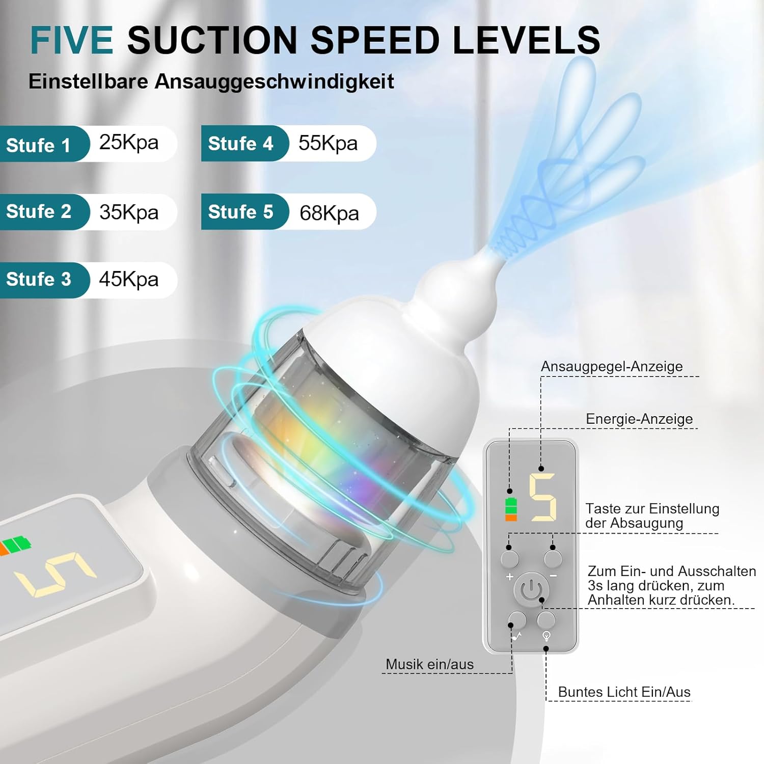 Thumbnail 4 de Pulitore elettrico ricaricabile con musica rilassante, luce LED e 5 livelli di aspirazione – 3 punte in silicone morbido