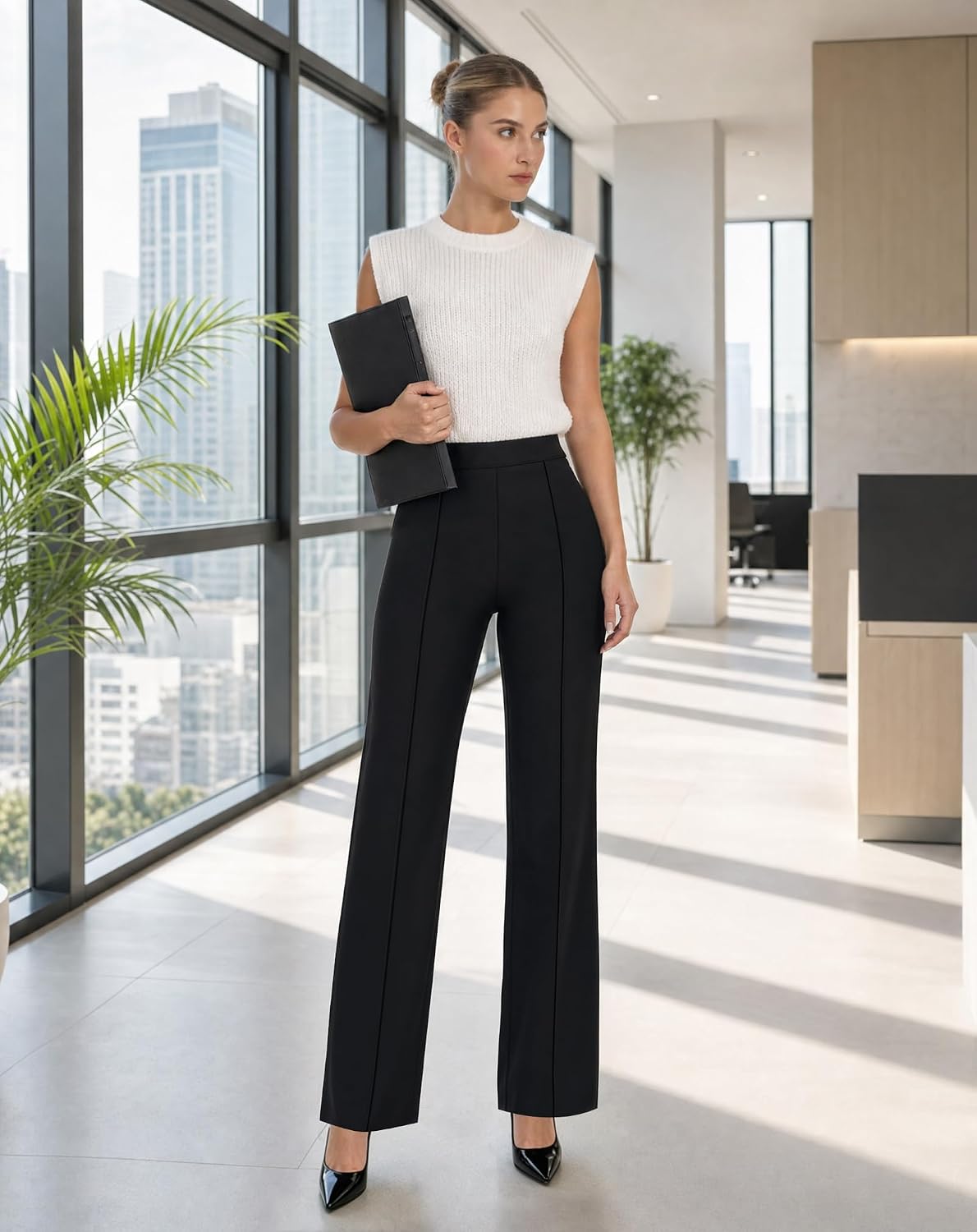 Detalle de JEKAOYI High-Waisted Straight-Leg Work Pants with Stretch and Slant Pockets