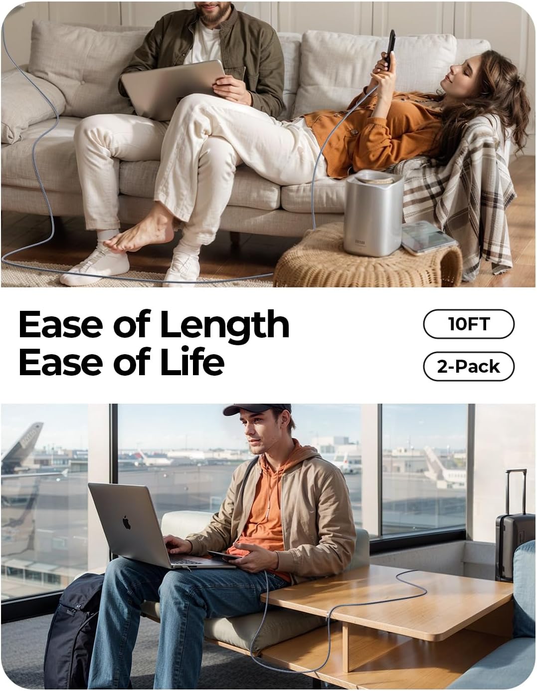 Thumbnail 1 de AINOPE USB-C Charger Cable (2-Pack, 3m + 3m) with 90° right-angle design for fast charging and data sync