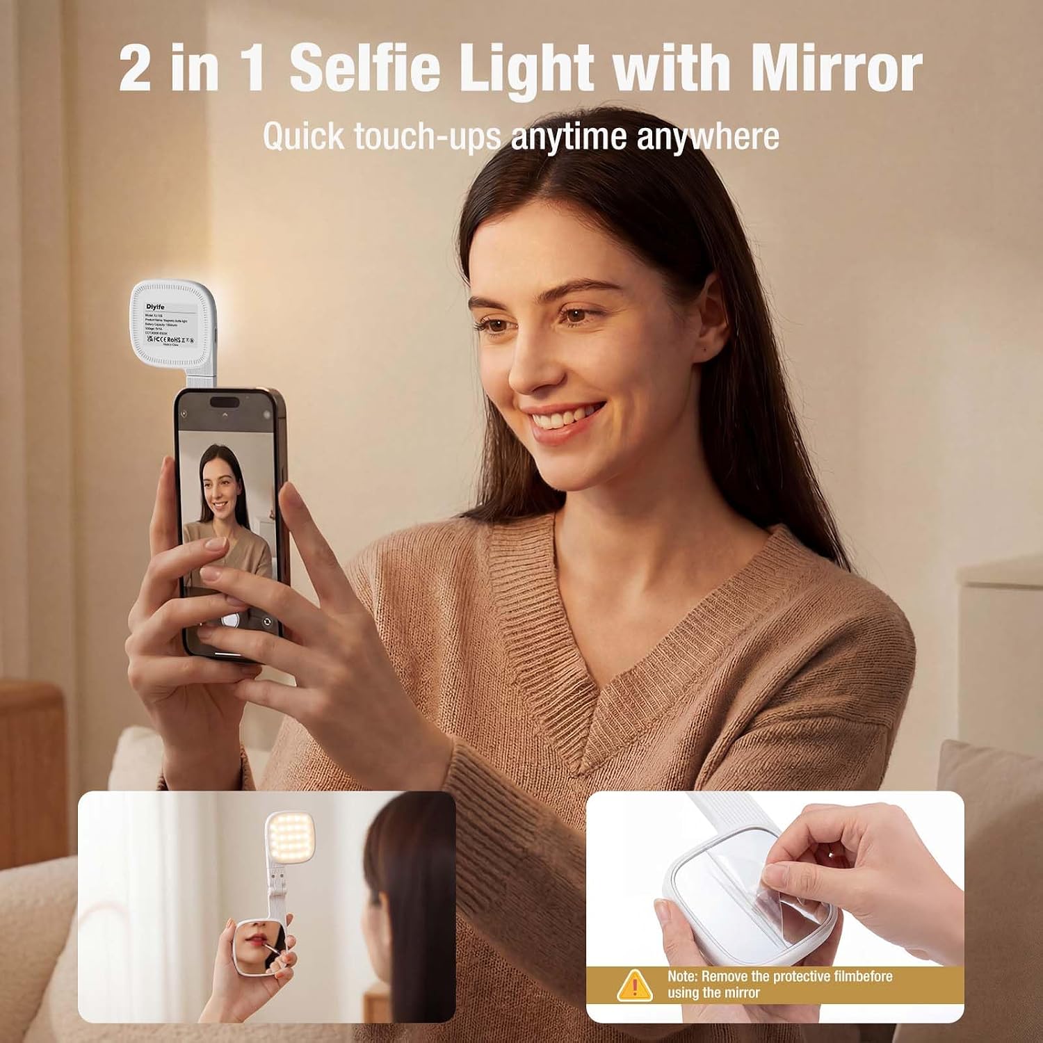 Thumbnail 2 de Magnetic Selfie Light for Phone with Mirror – 3 Temp (3500K/4500K/6500K), 45 LED, CRI95+, 360° Rotatable, MagSafe compatible