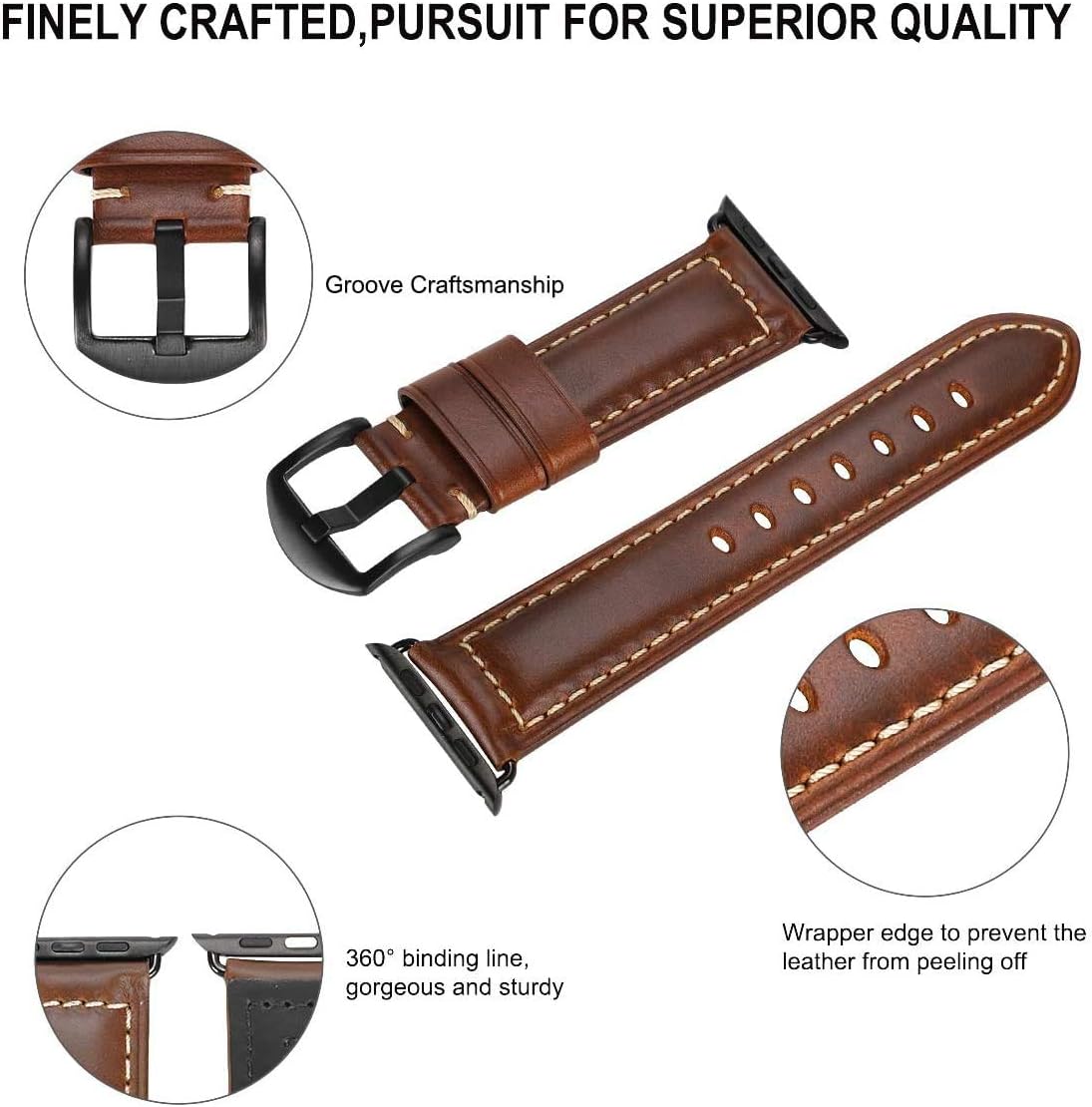 Thumbnail 1 de HUAFIY Genuine Leather Apple Watch Band (42mm–49mm) with Stainless Buckle for Series 1–11 and Ultra models