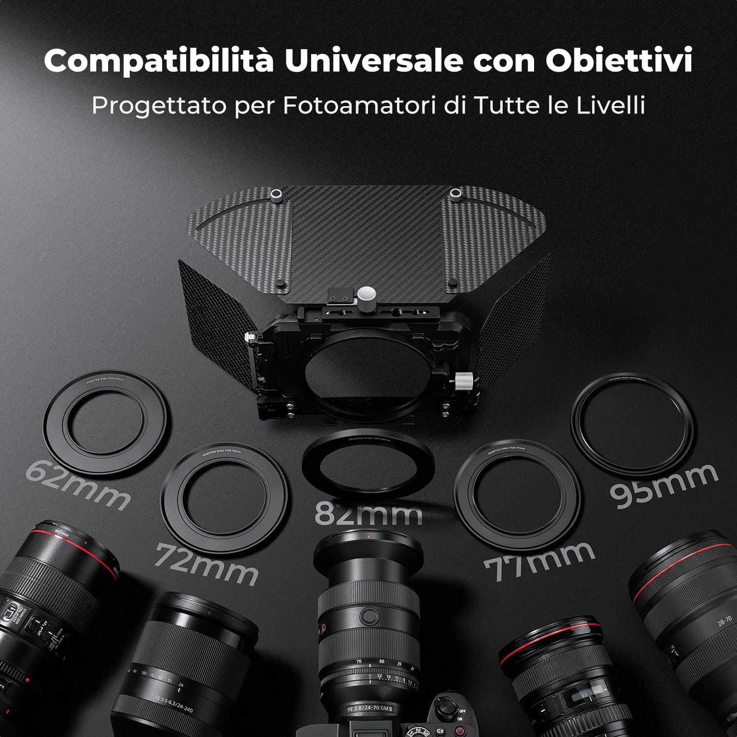 Detalle de K&F CONCEPT Mini Matte Box con 2 Portafiltri 4”x5,65” e Alette in fibra di carbonio per DSLR/Mirrorless – 5 anelli adattatori inclusi