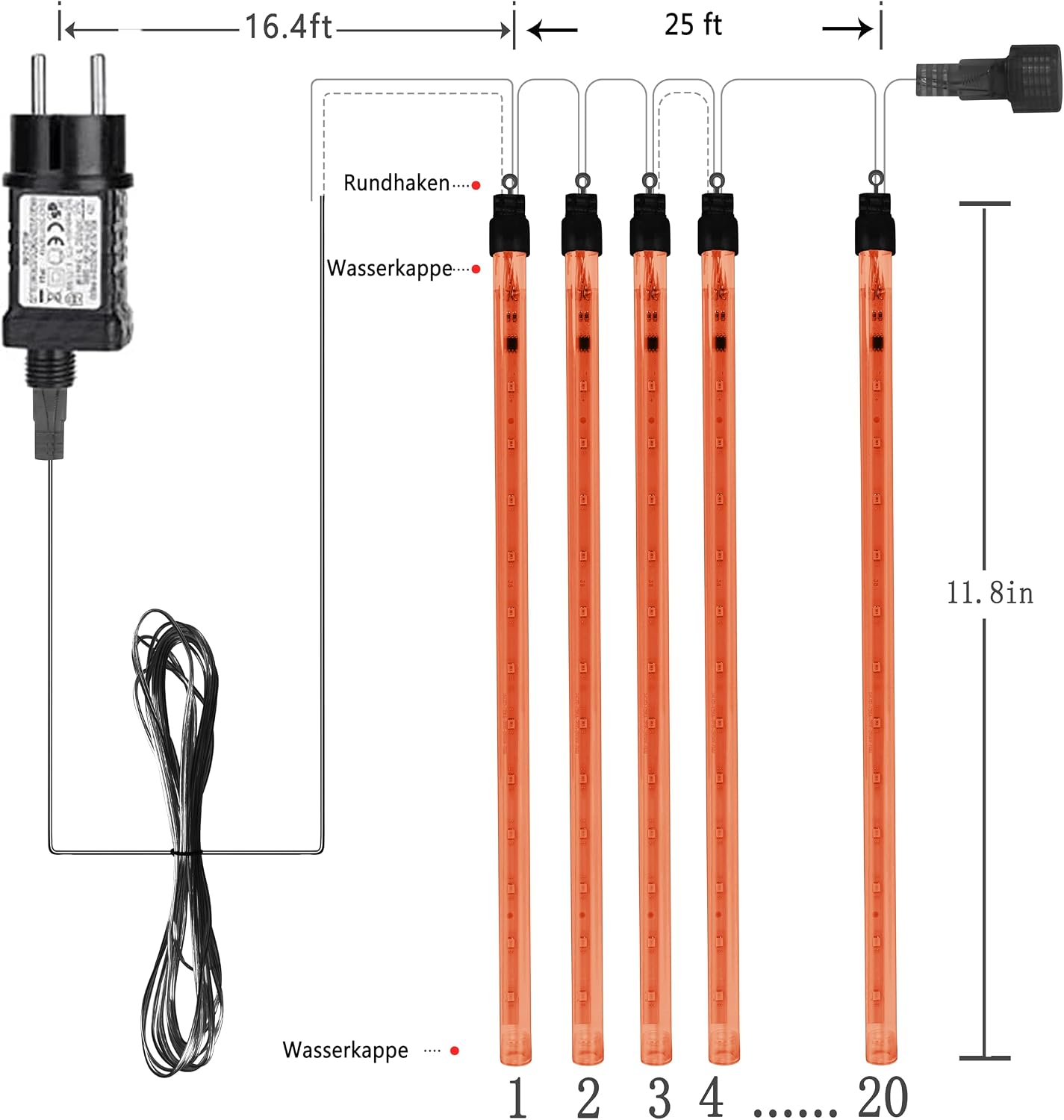 Detalle de Kwaiffeo meg20-eu lichtsnoer met 20 LED-lichtbuizen, meteorenregen en IP65