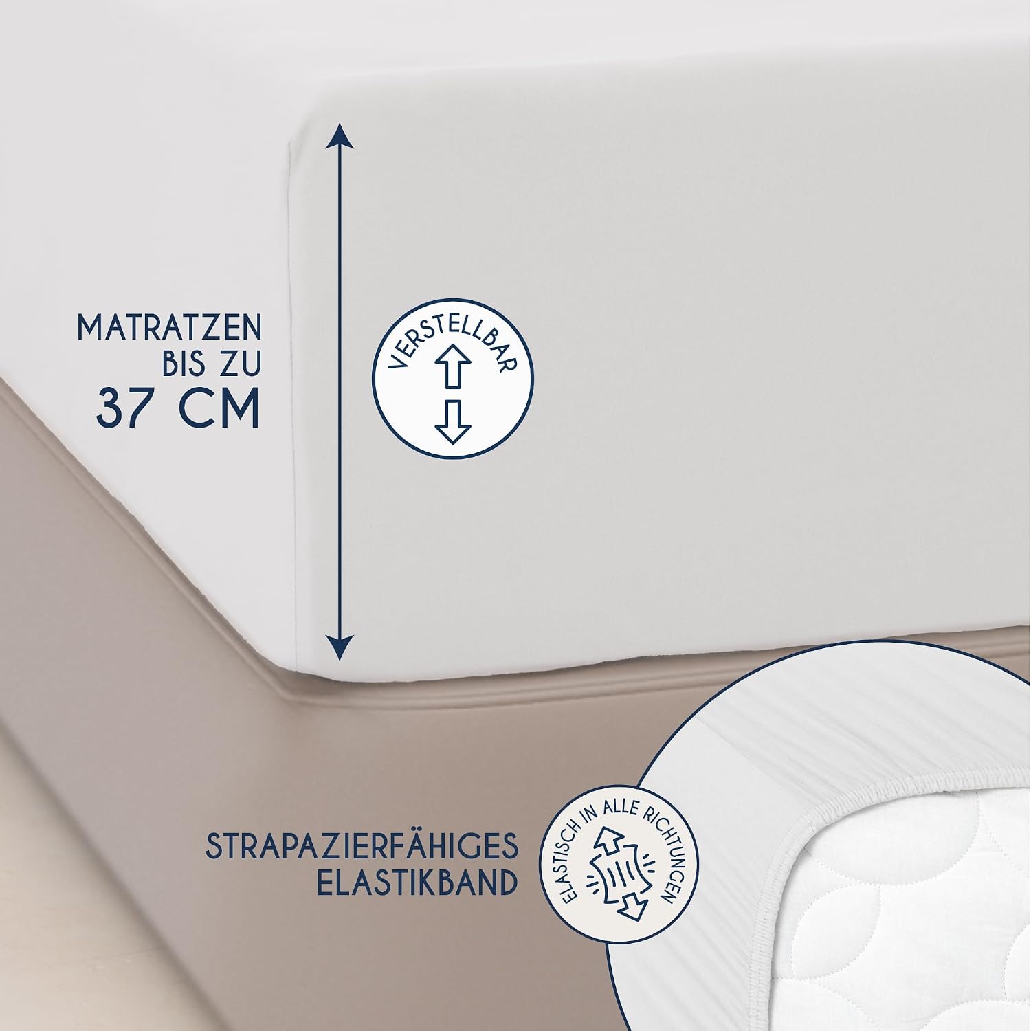 Detalle de Dreamzie Premium Spannbettlaken 180x200 cm / 200x200 cm – Jersey-Baumwolle 150 g/m², 37 cm Seitenhöhe, OEKO-TEX, Weiß