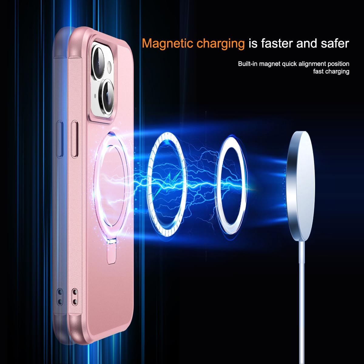 Detalle de SKYLMW Magnetic O-Ring Kickstand Case for iPhone 13 & iPhone 14 (6.1-inch) with Mag-Safe, Rose Gold