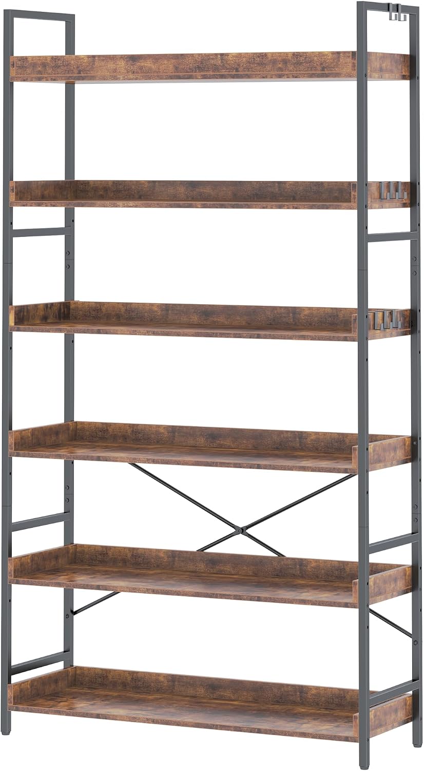 Detalle de HCHQHS BS-USBS-C-6 6-Tier Industrial Bookcase, Adjustable Shelves, Rustic Brown