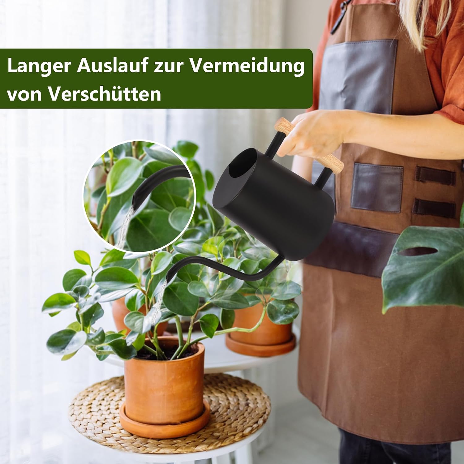 Detalle de Gießkanne Zimmerpflanzen 1L von GUKJOB – Edelstahl, langem Auslauf, Modernes Design