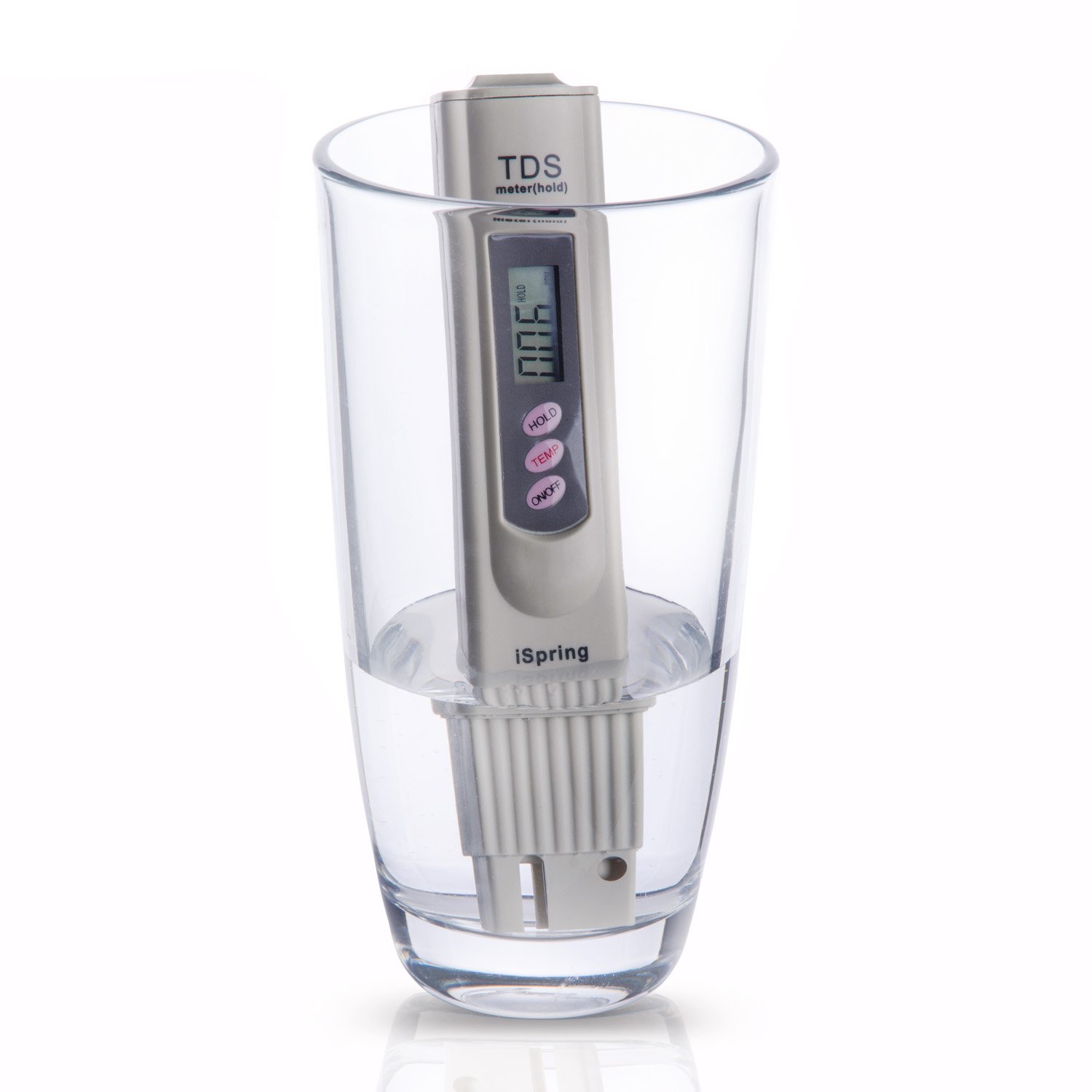 Detalle 2 de iSpring TDS-3 digitale waterkwaliteitsmeter met temperatuurmeting en holdknop
