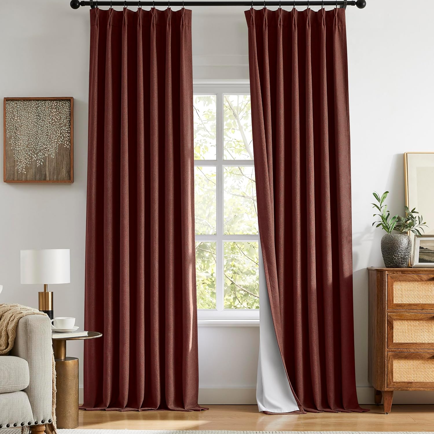 Detalle de Lirien Linen curtain 96-Inch Blackout Curtains, Chestnut Brown, Pinch Pleat
