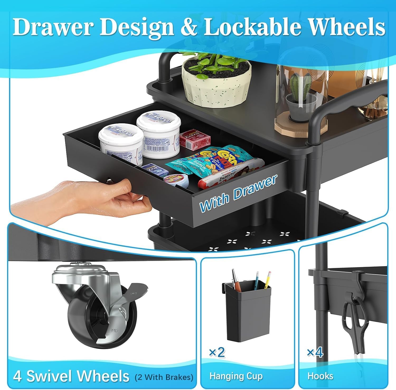Detalle de SUNALLY SN-UC03B 3-Tier Rolling Cart with Drawer, Hooks and Locking Wheels