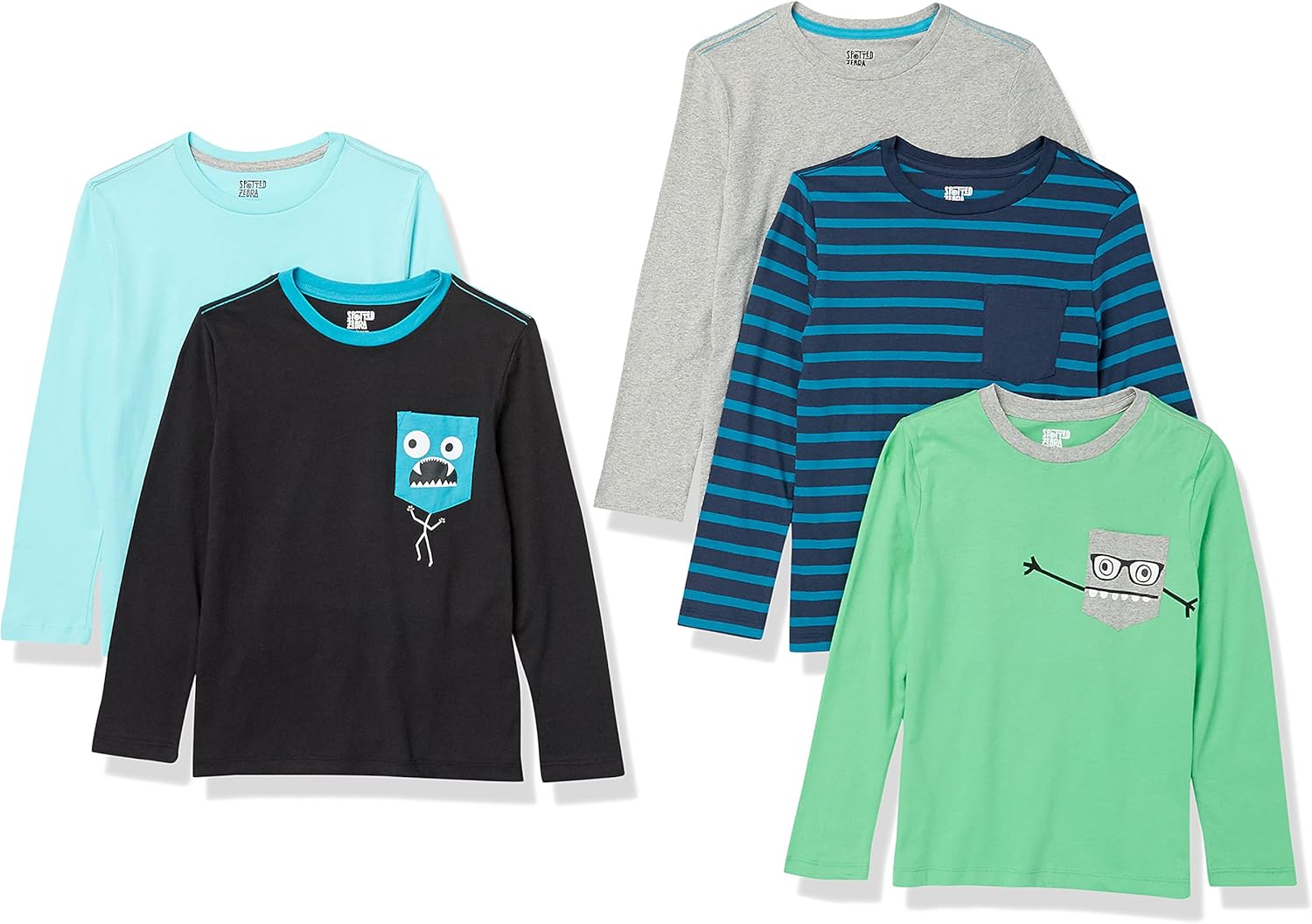 Detalle de Amazon Essentials T-Shirt maniche lunghe bambini e ragazzi – pacco da 5 (Mostri/Multicolore/Righe), 6-7 anni