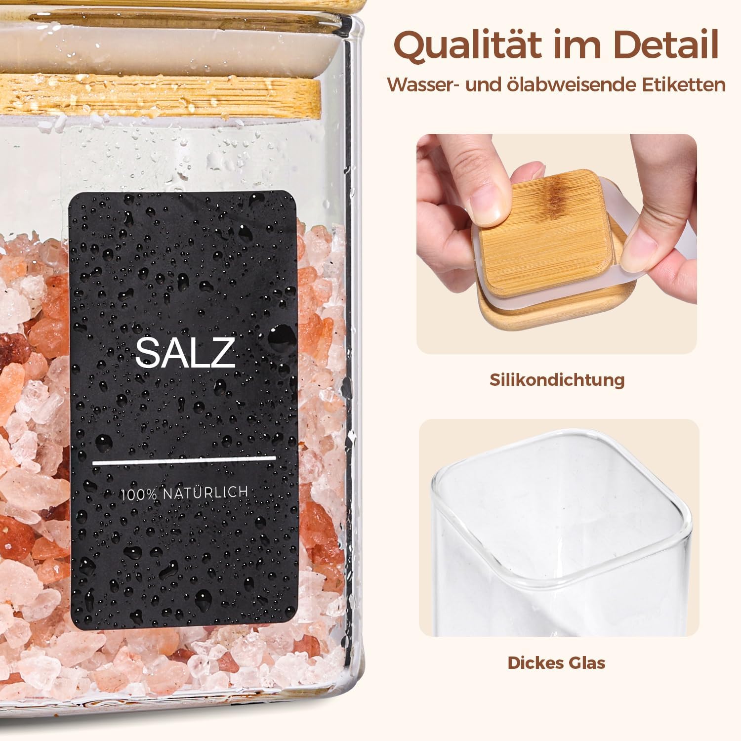 Detalle 2 de ComSaf Gewürzgläser Eckig 12 x 120 ml – luftdicht, mit Bambusdeckeln, 54 Etiketten, ideal für Kräuter, Curry, Chili & Pfeffer