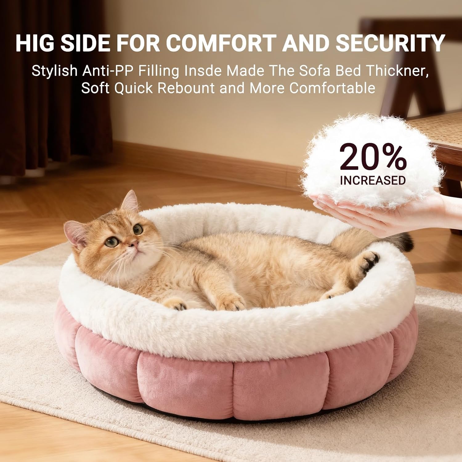 Detalle de EDMIENS Small Cat Bed (45x45x16.5cm) – Round Donut Fluffy Pet Cushion, Machine Washable, Pink