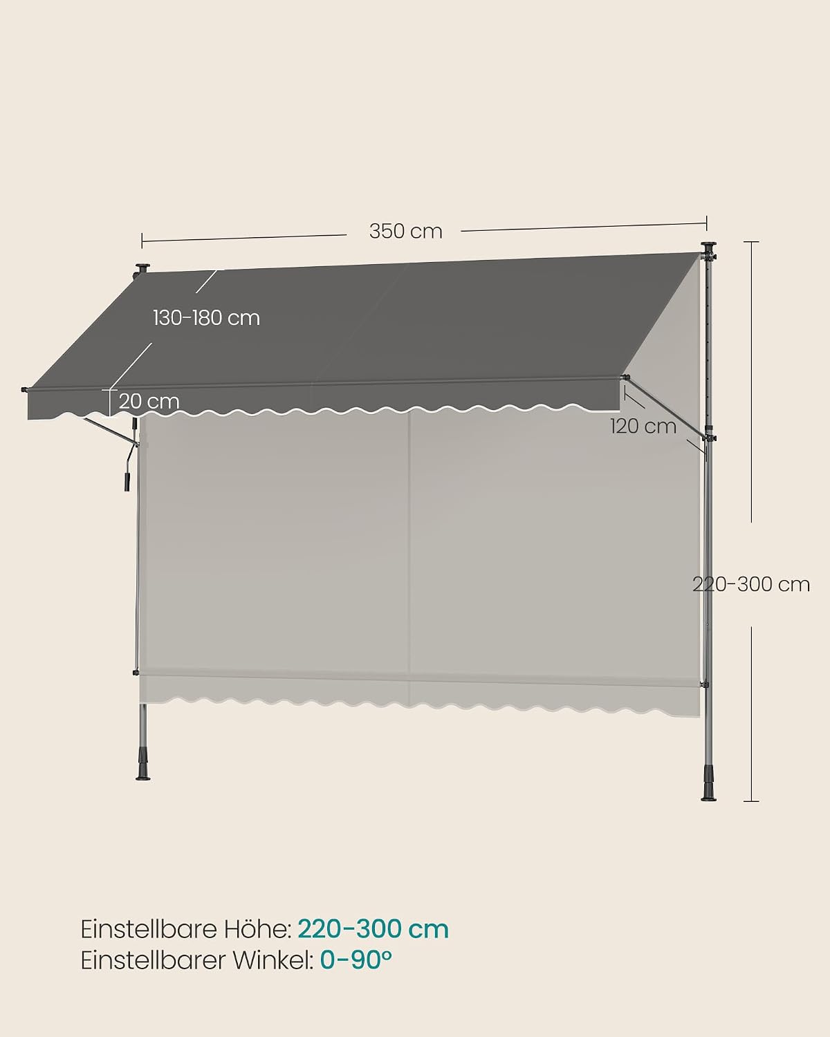 Detalle de SONGMICS Klemmmarkise GSA352G02 – höhenverstellbar, ohne Bohren, inkl. Handkurbel