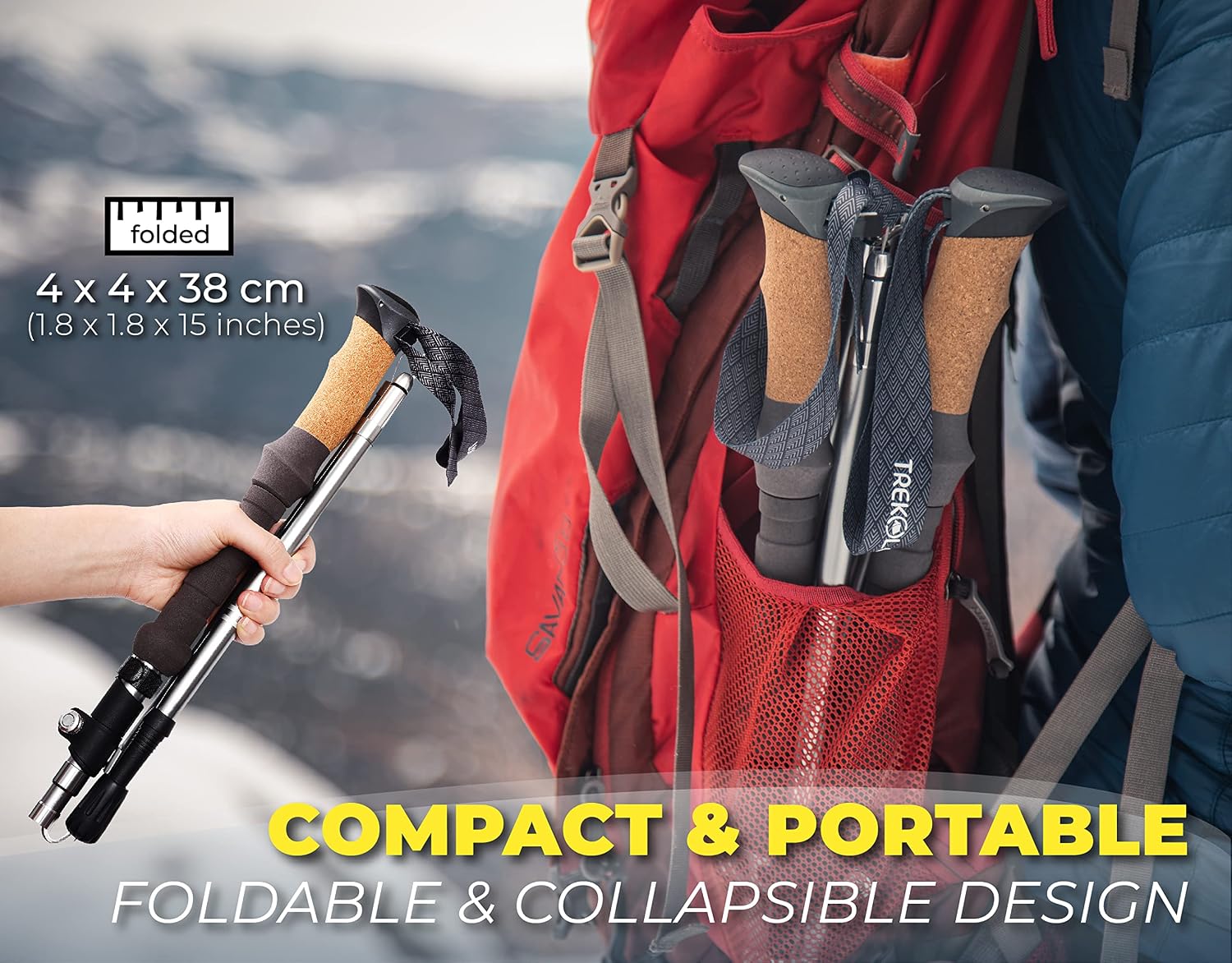 Detalle de TREKOLOGY Trek-Z Cork Grip Trekking Poles – Lightweight Folding Hiking Poles