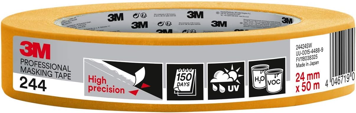Detalle de 3M Pro 244 målningstejp, 24 mm x 50 m, UV-beständig för inom- och utomhusbruk