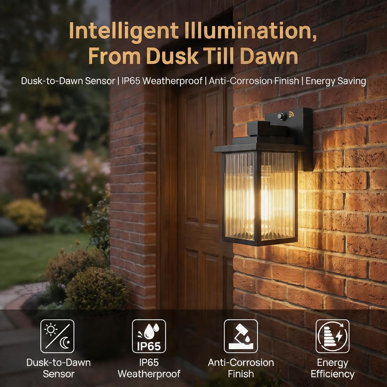 Detalle de hameso G009 Outdoor Wall Lights, Black Metal, Textured Glass, Dusk-to-Dawn Sensor