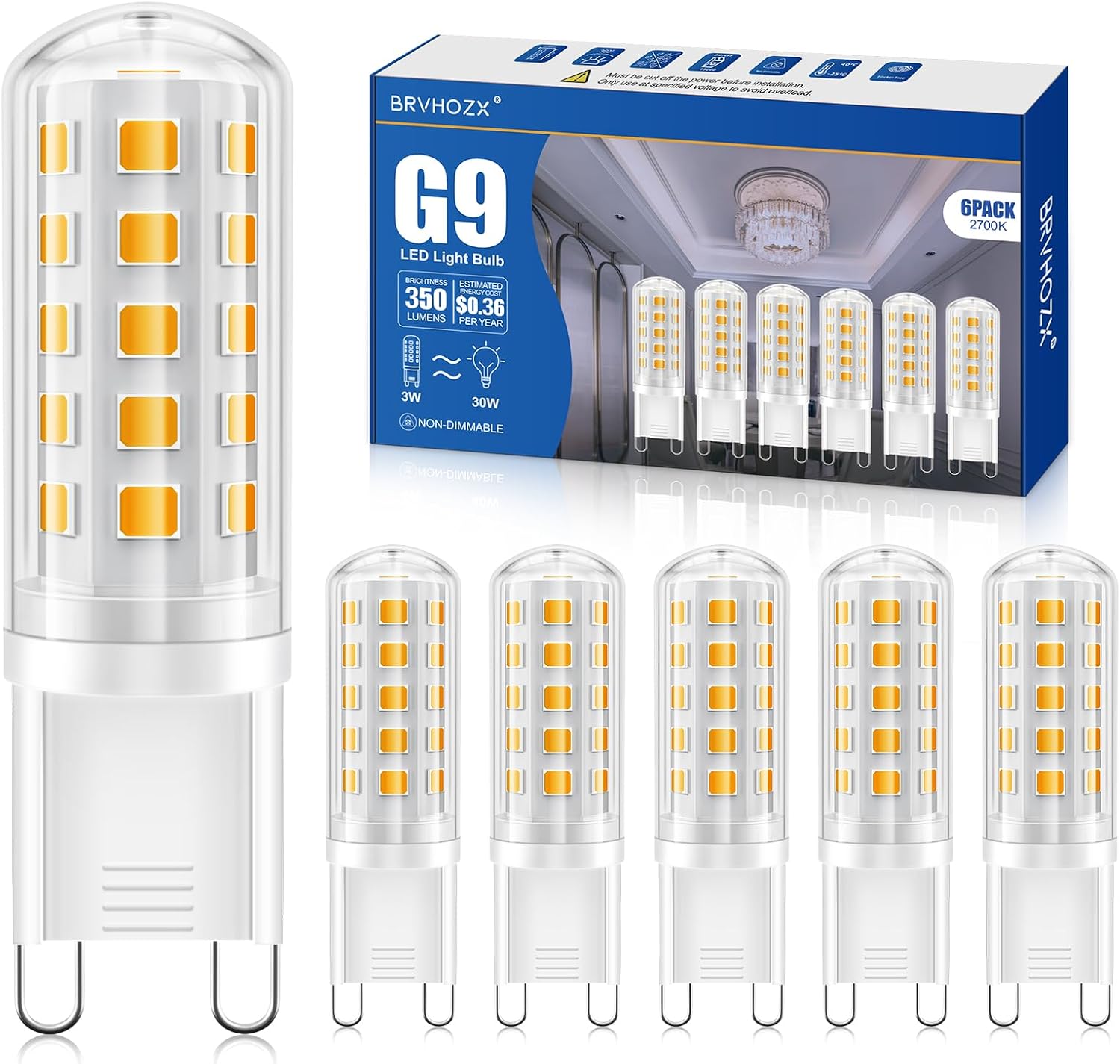 Detalle de BRVHOZX G9 LED Bulbs, 3W, 2700K Warm White, 350 lm, 6-Pack