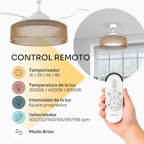 Detalle de Mellerware Ventilador de Techo Brizy Bright Rattan: suave, silencioso y con luz LED