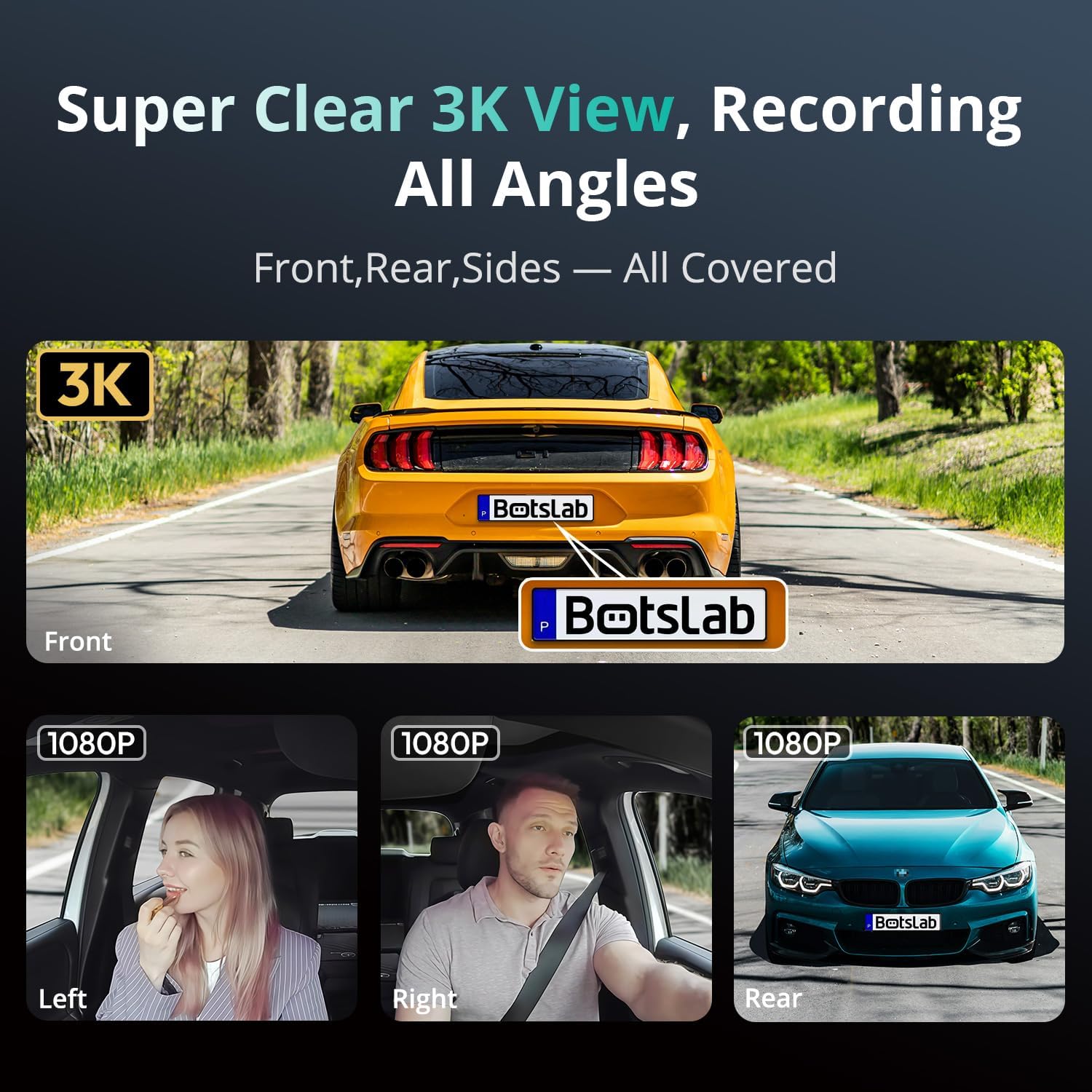 Thumbnail 1 de BOTSLAB 3K 4-Channel Dash Cam with 560° coverage, WiFi, GPS, and voice control