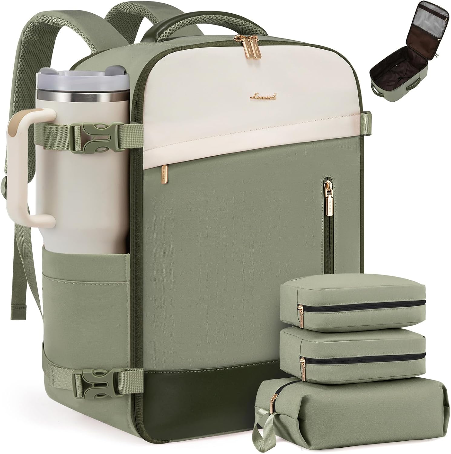 Detalle de LOVEVOOK Handgepäck-Rucksack 40L (17,3 Zoll) – erweiterbar, Cabin Bag für Flugzeug & Business, Teegrün