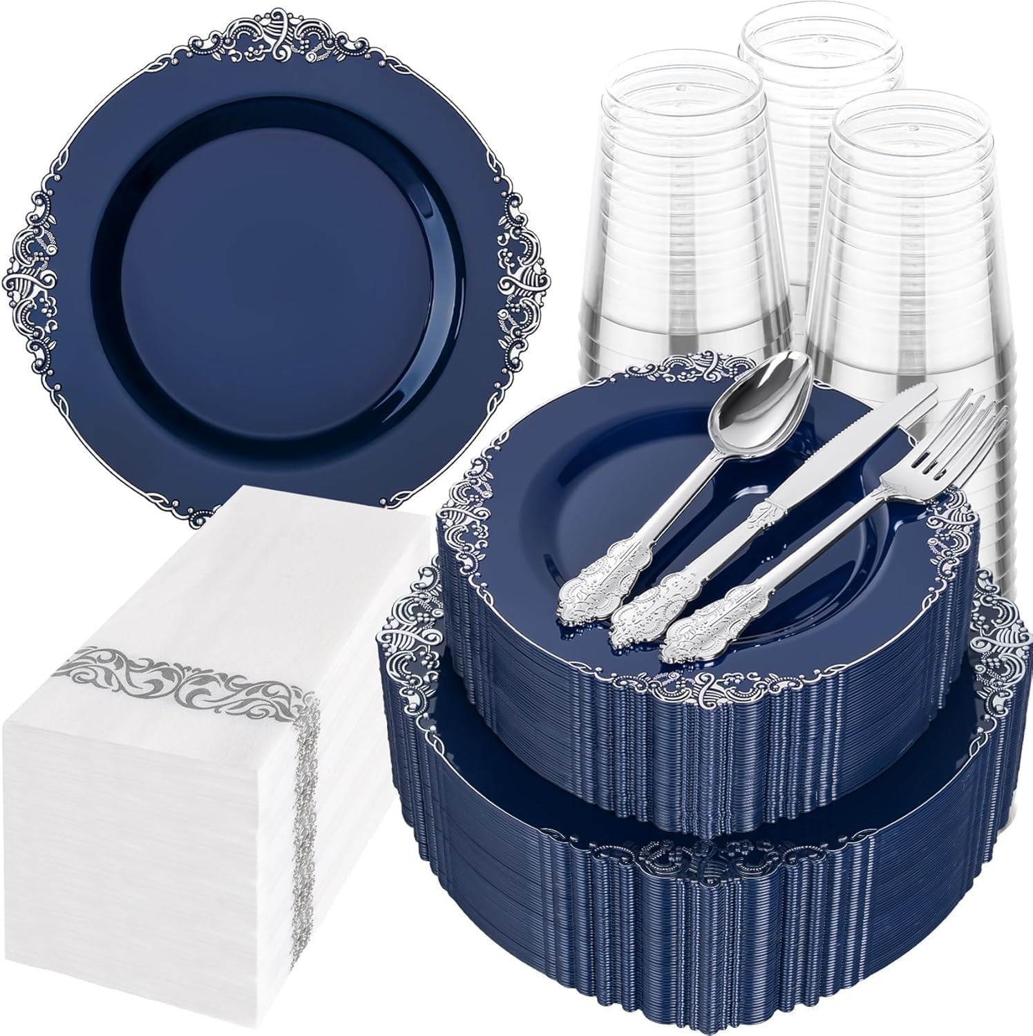 Detalle de Hioasis 350pcs Blue and Silver Disposable Party Plates Set for 50 Guests