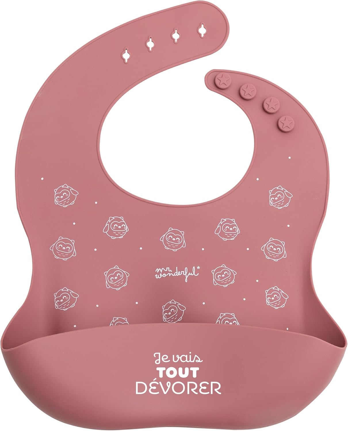 Detalle de Mr. Wonderful Bavoir en silicone rose – Je vais tout dévorer, ajustable et inodore