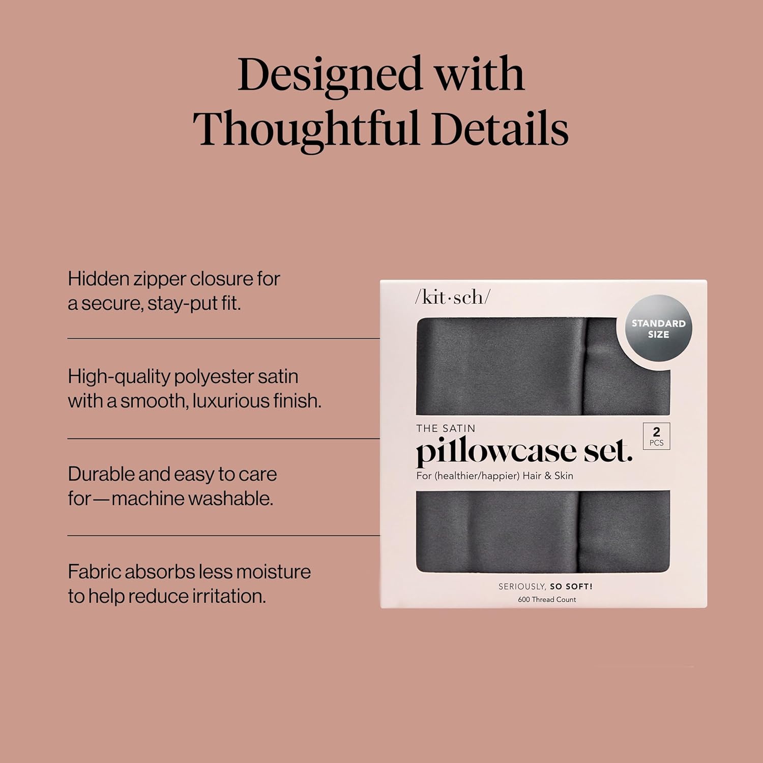 Detalle de Kitsch 62293 Satin Pillowcases, Standard 19" x 26", Charcoal, 2-Pack