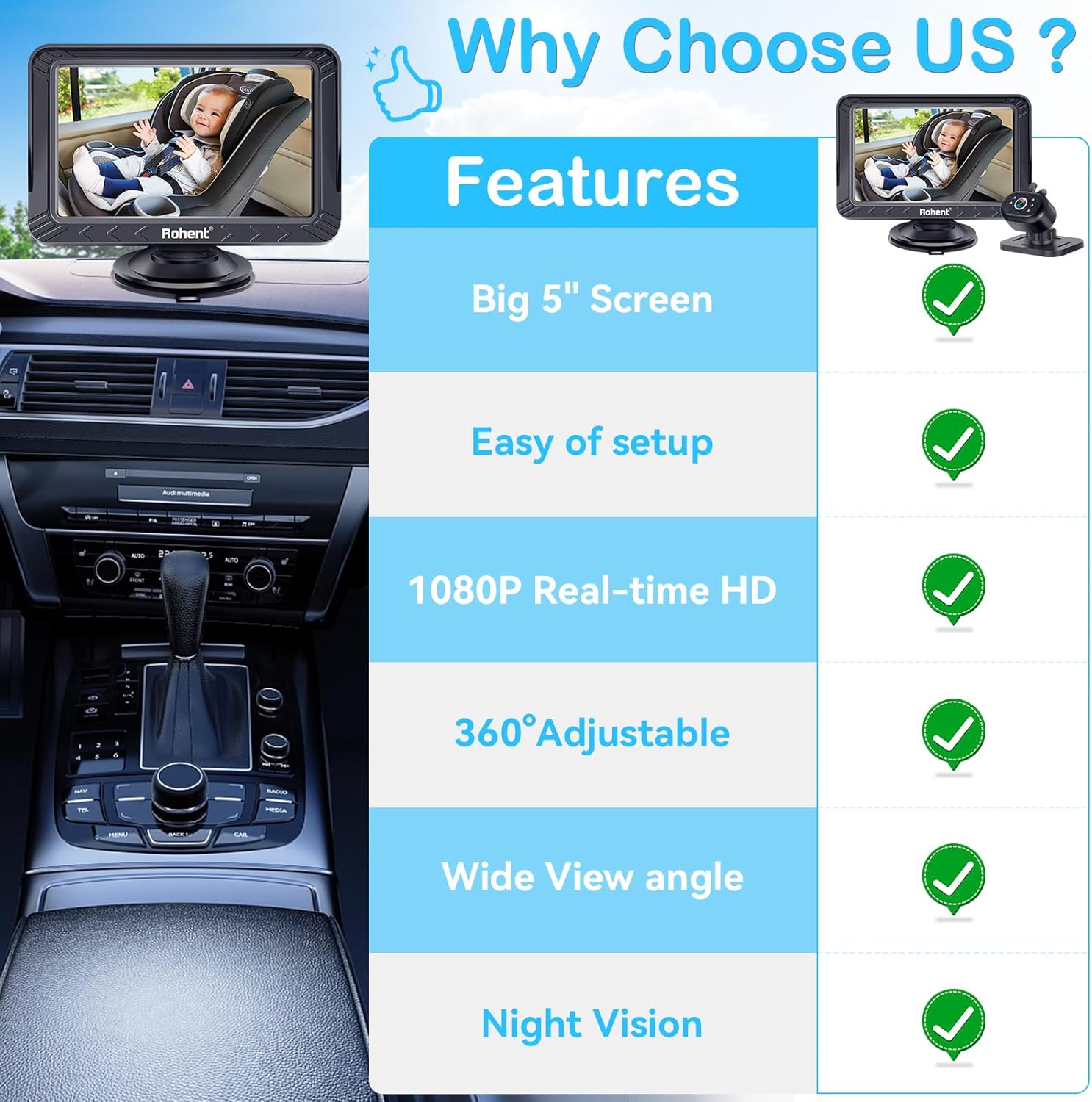 Thumbnail 2 de Rohent Baby Car Camera 5-inch HD 1080P monitor with night vision (USB powered, rear & forward-facing)
