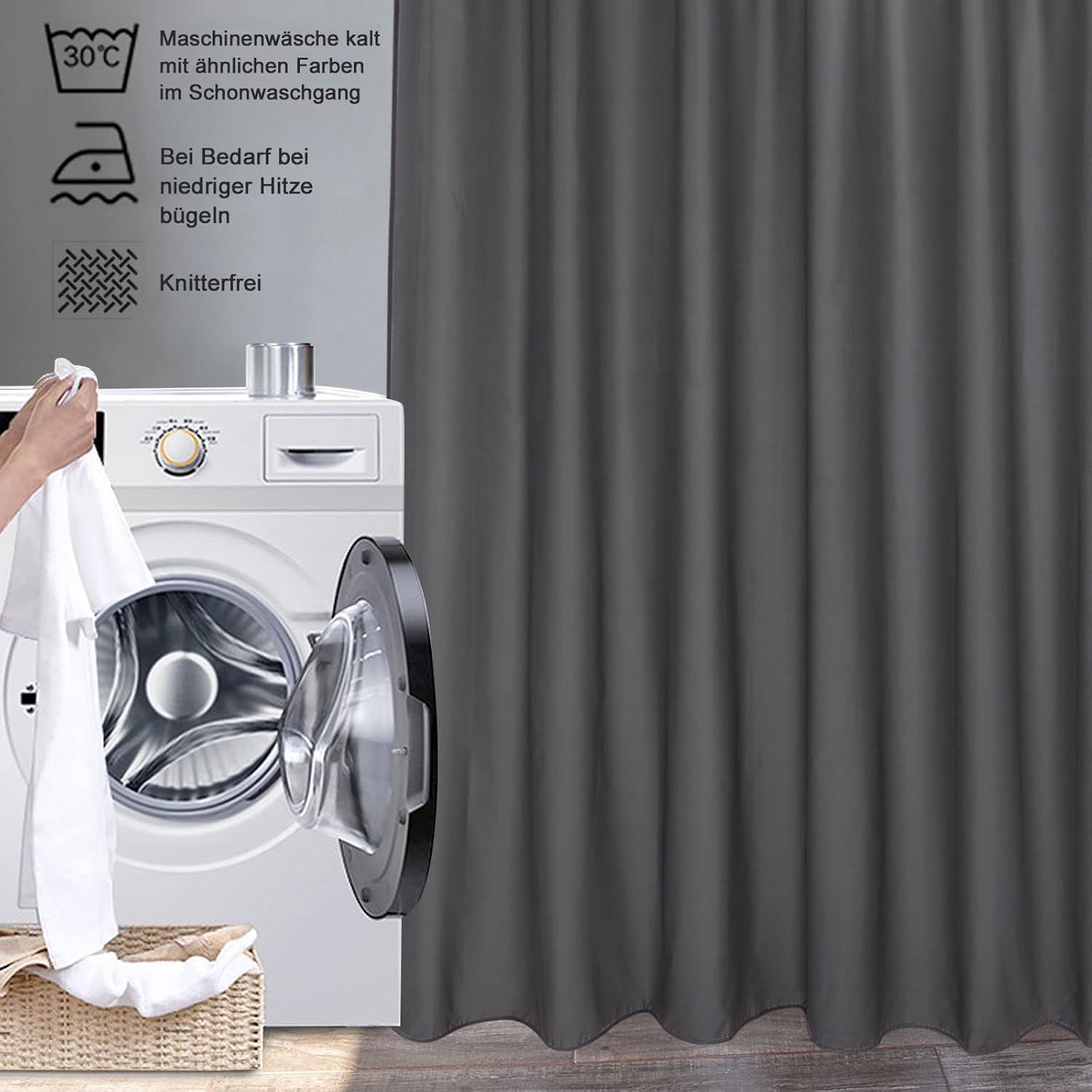 Thumbnail 5 de EurCross Duschvorhang Dunkelgrau 180x160 cm wasserdicht mit 12 Ringen