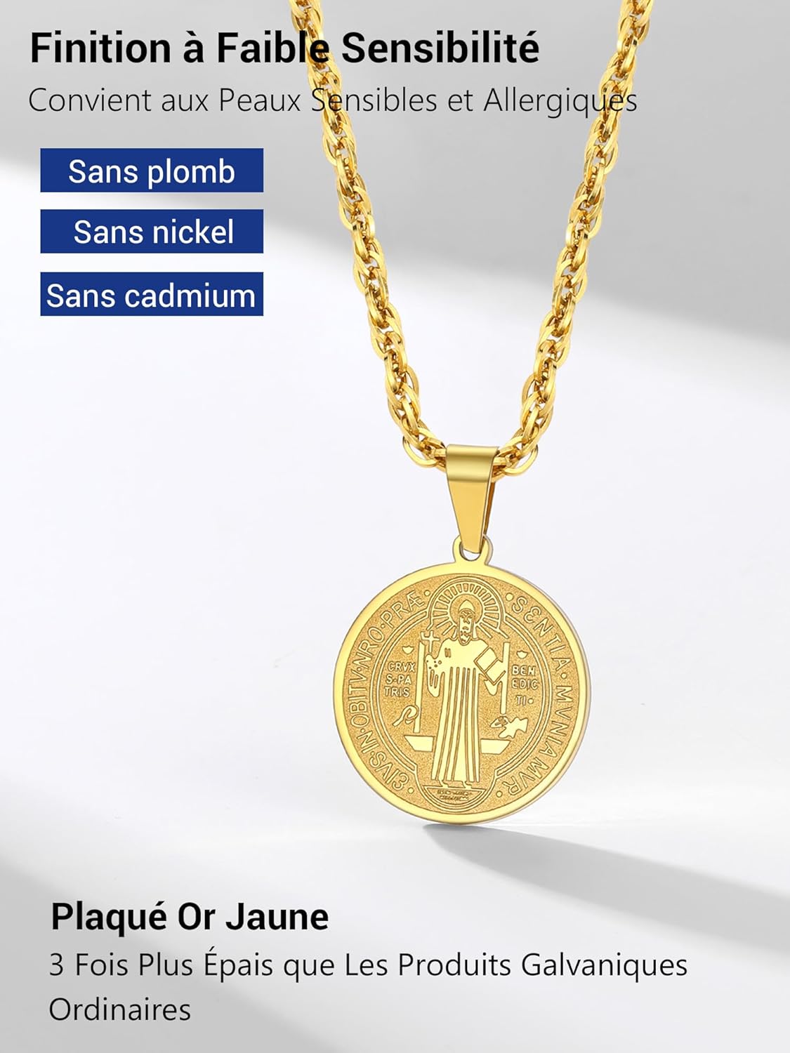 Thumbnail 2 de PROSTEEL Collier Saint Benoît homme en acier inoxydable 316L, pendentif rond/ovale avec chaîne ajustable