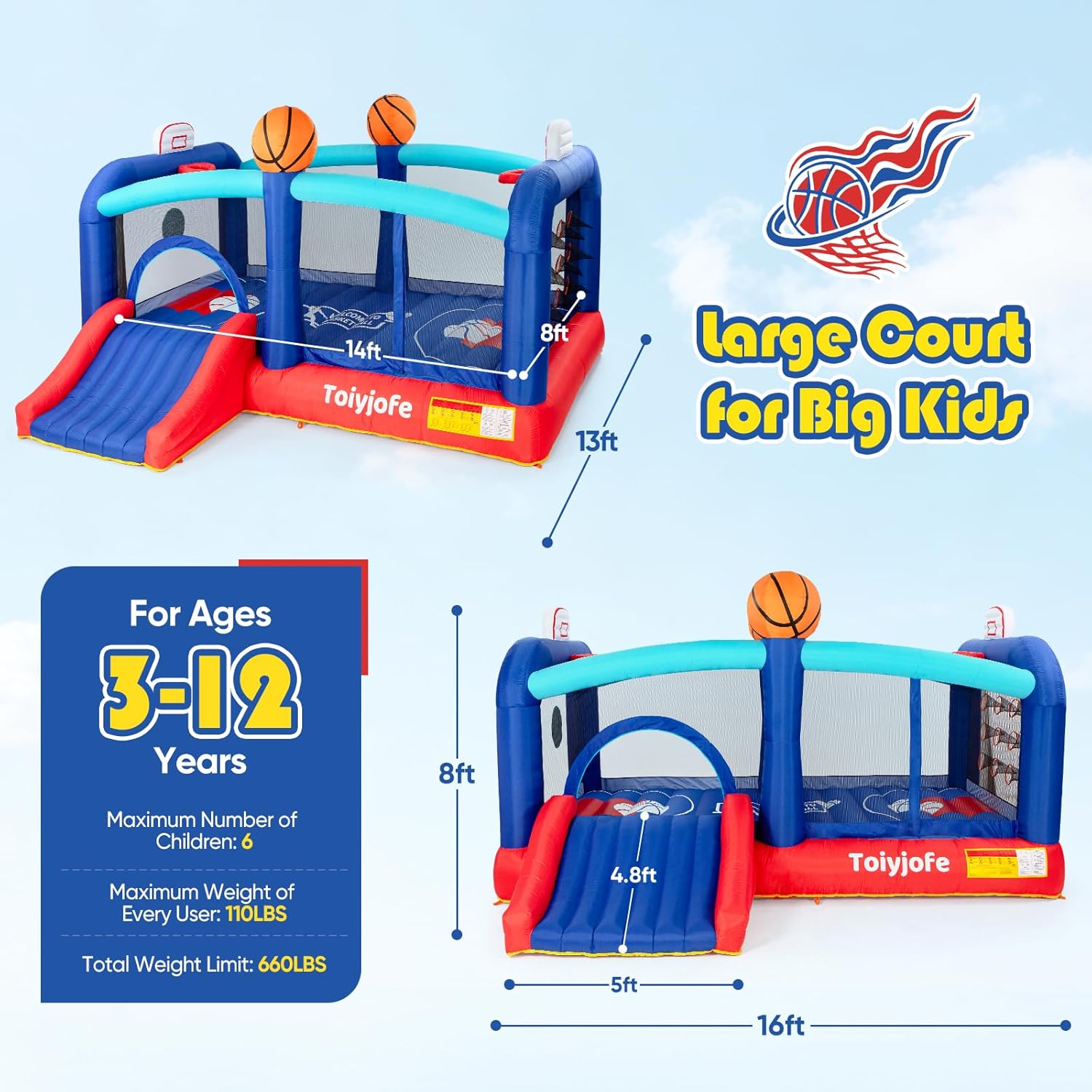 Detalle 2 de Extra Large Basketball Bounce House for Big Kids: 16FT Inflatable with Slide & Dual Hoops