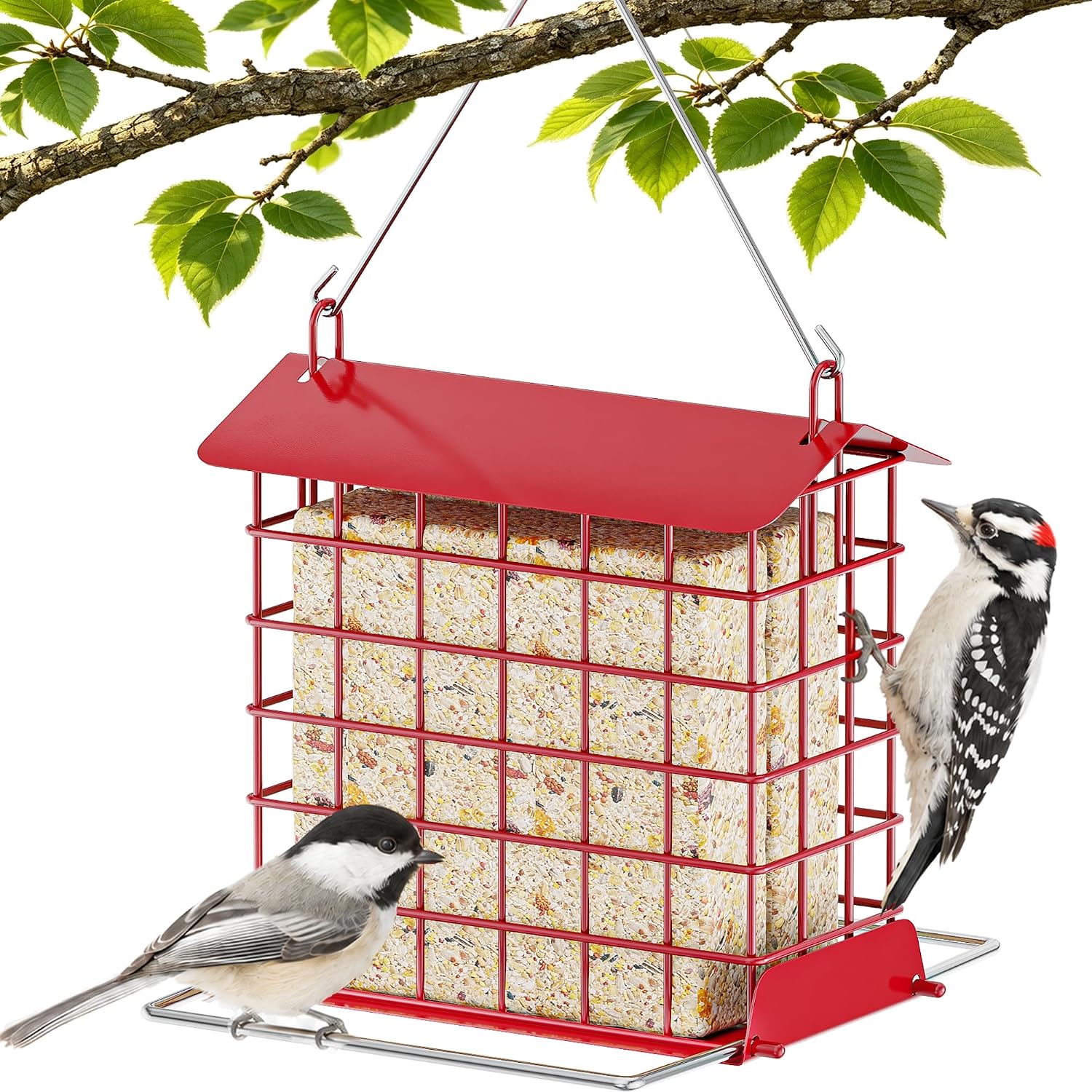 Detalle de HOSUN HSZFWNQ Metal Suet Bird Feeder, Red, with Weather-Resistant Roof