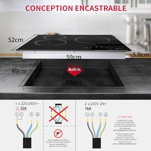 Detalle de IsEasy Plaque Vitrocéramique 3 Feux Encastrable – Table de Cuisson 59 × 52 cm, 5500 W