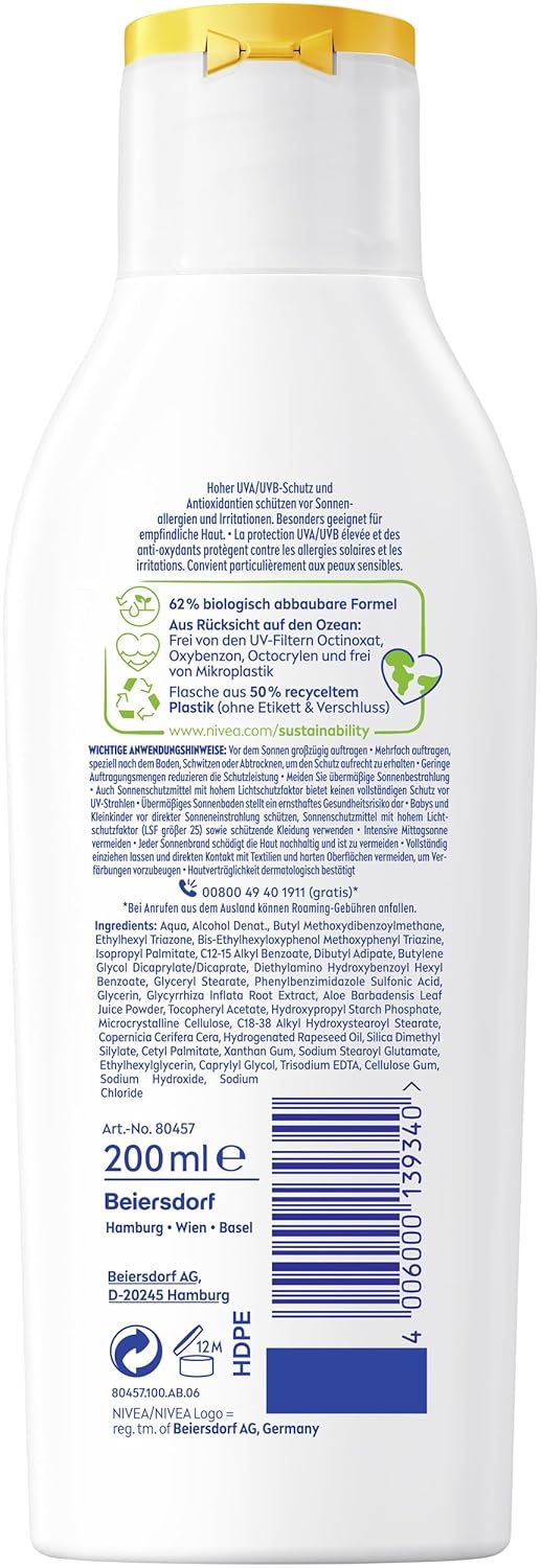 Thumbnail 5 de NIVEA SUN Sensitiv Sofortschutz Sonnenlotion LSF 50+ – parfümfreie, wasserfeste Sonnencreme für empfindliche Haut (200 ml)