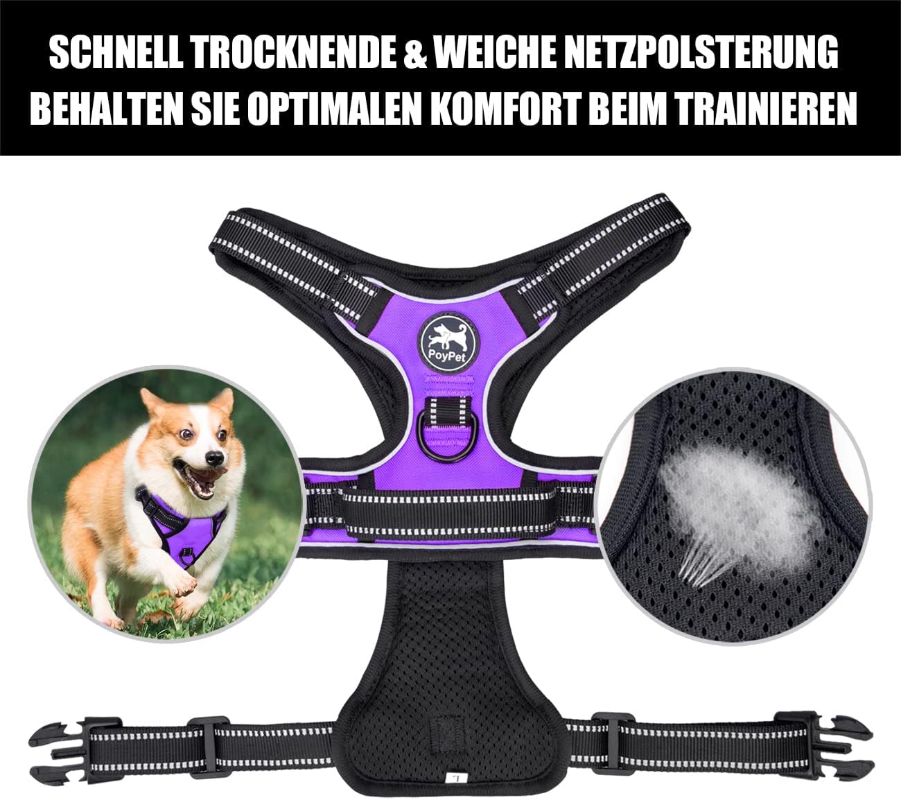 Thumbnail 6 de PoyPet No Pull Hundegeschirr – Reflektierendes Zwei-Leinenbefestigungsgeschirr, Größe M, Violett (1er Pack)