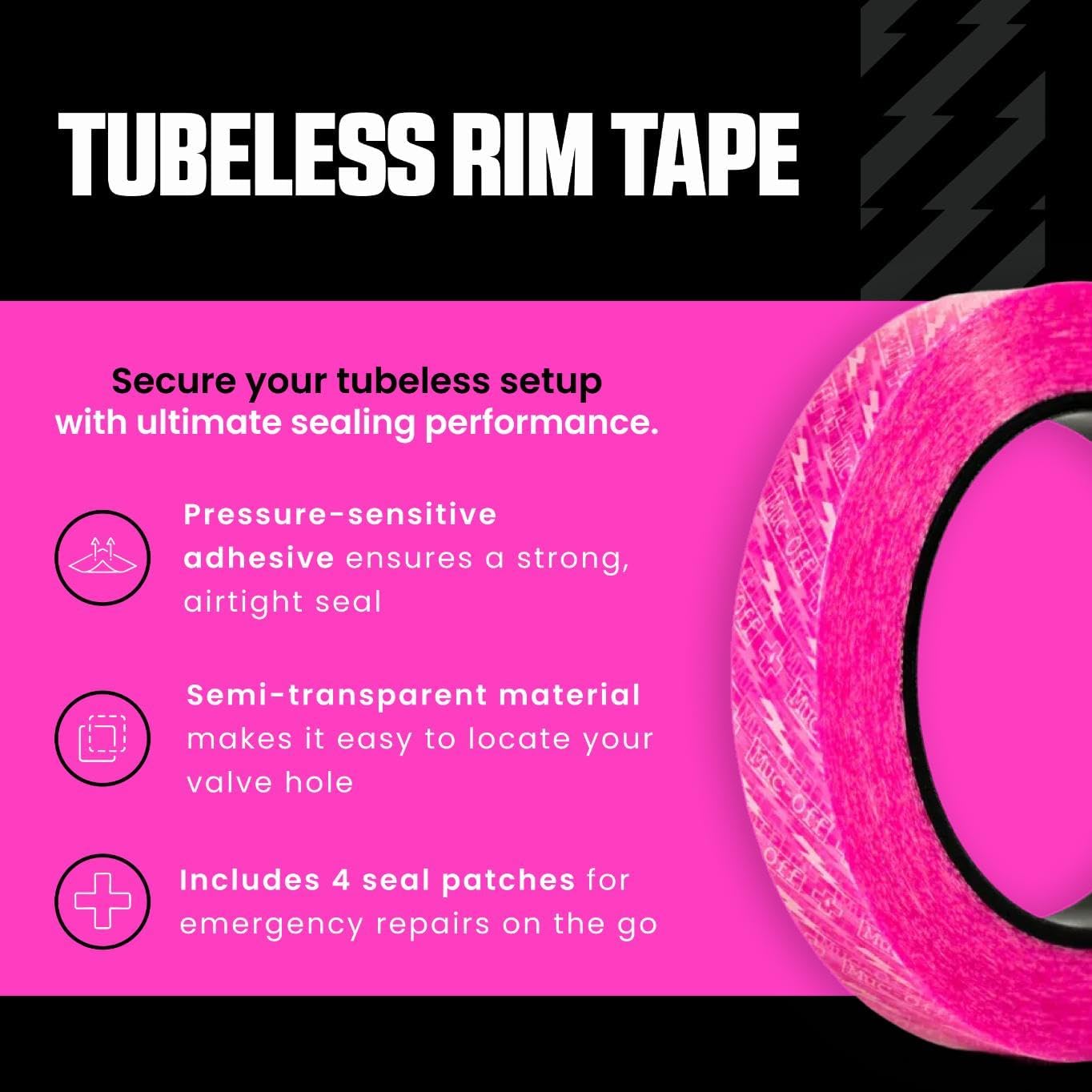 Detalle de Muc-Off Fond de Jante Tubeless 30 mm – Rouleau 10 m avec patches d’étanchéité (4) et 6 largeurs compatibles
