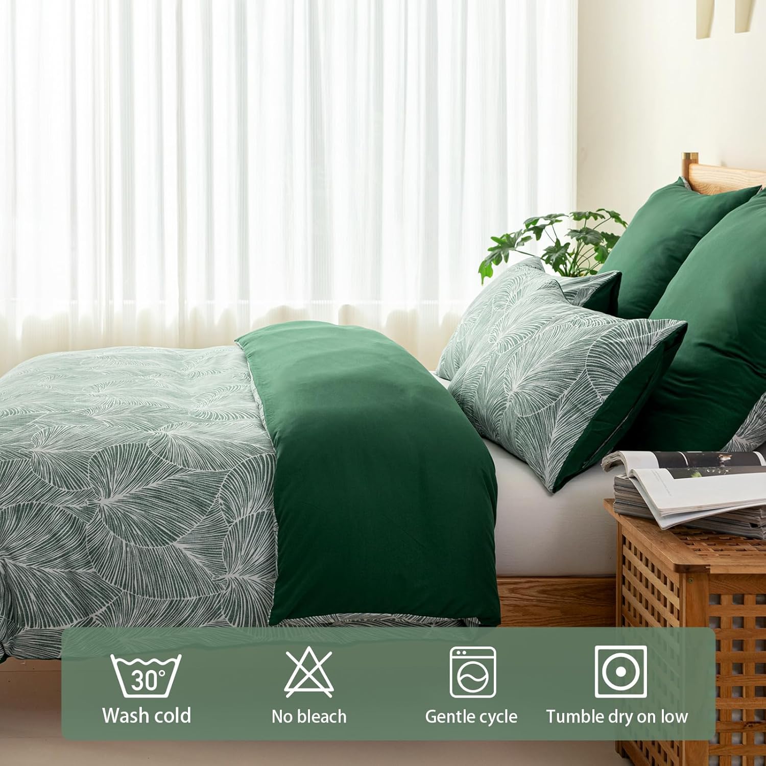 Detalle de Tokokimo Emerald Green Single Duvet Cover Set – Leaves Pattern, Microfiber 135x200 cm with Pillowcase