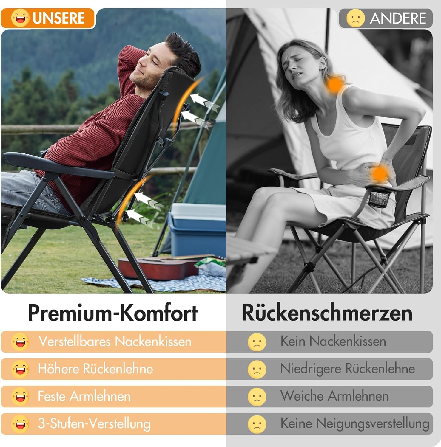 Thumbnail 5 de Faltbarer Campingstuhl mit verstellbarer Rückenlehne (3 Positionen) bis 160 kg – für Angler, Garten & Balkon