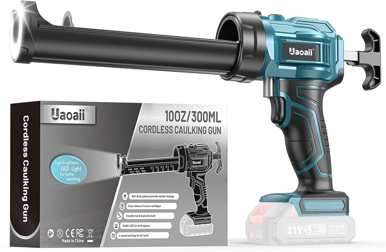 Uaoaii Akku-Kartuschenpistole – 18V kompatibel mit Makita, LED-Licht, 4 Geschwindigkeiten, 300-ml Kartuschen