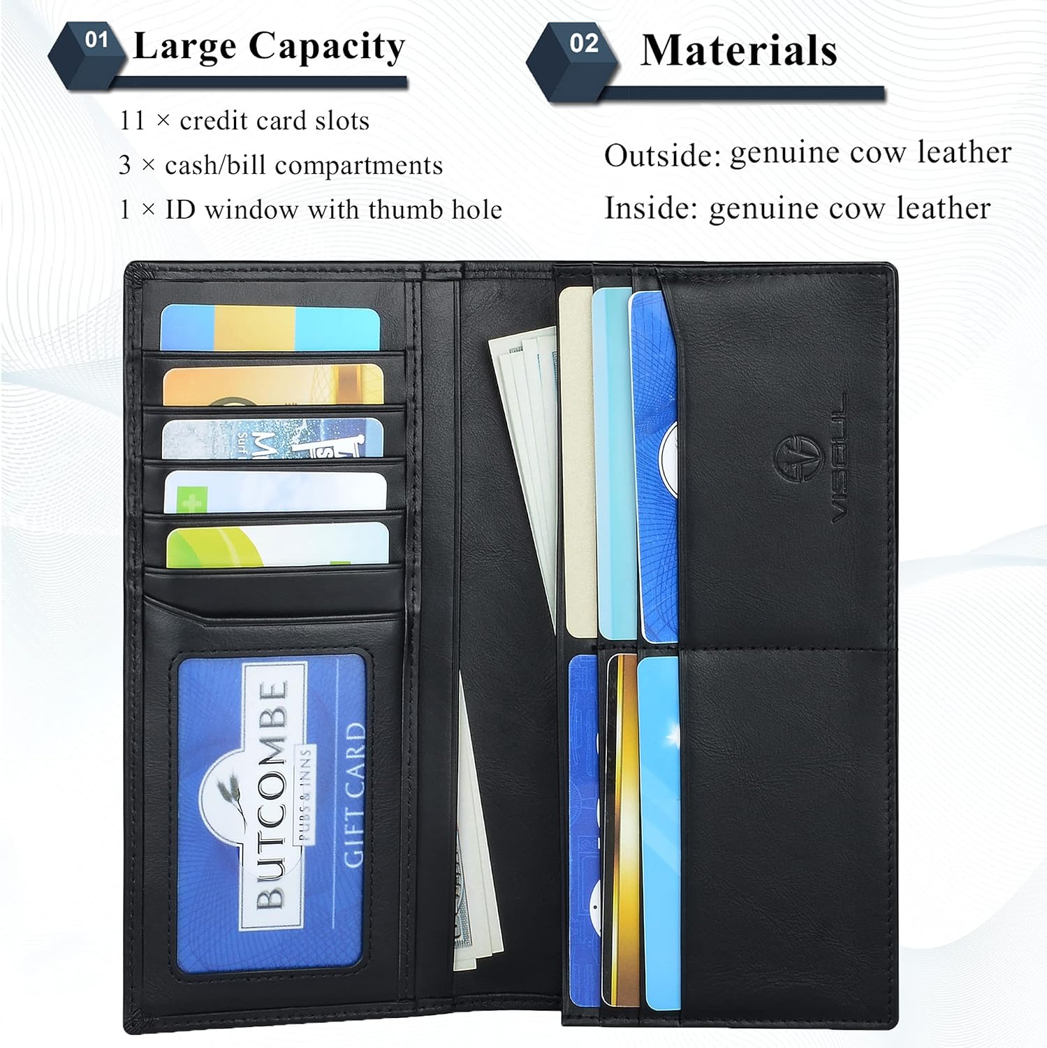 Detalle de VISOUL Portafoglio Lungo in Vera Pelle RFID Nero
