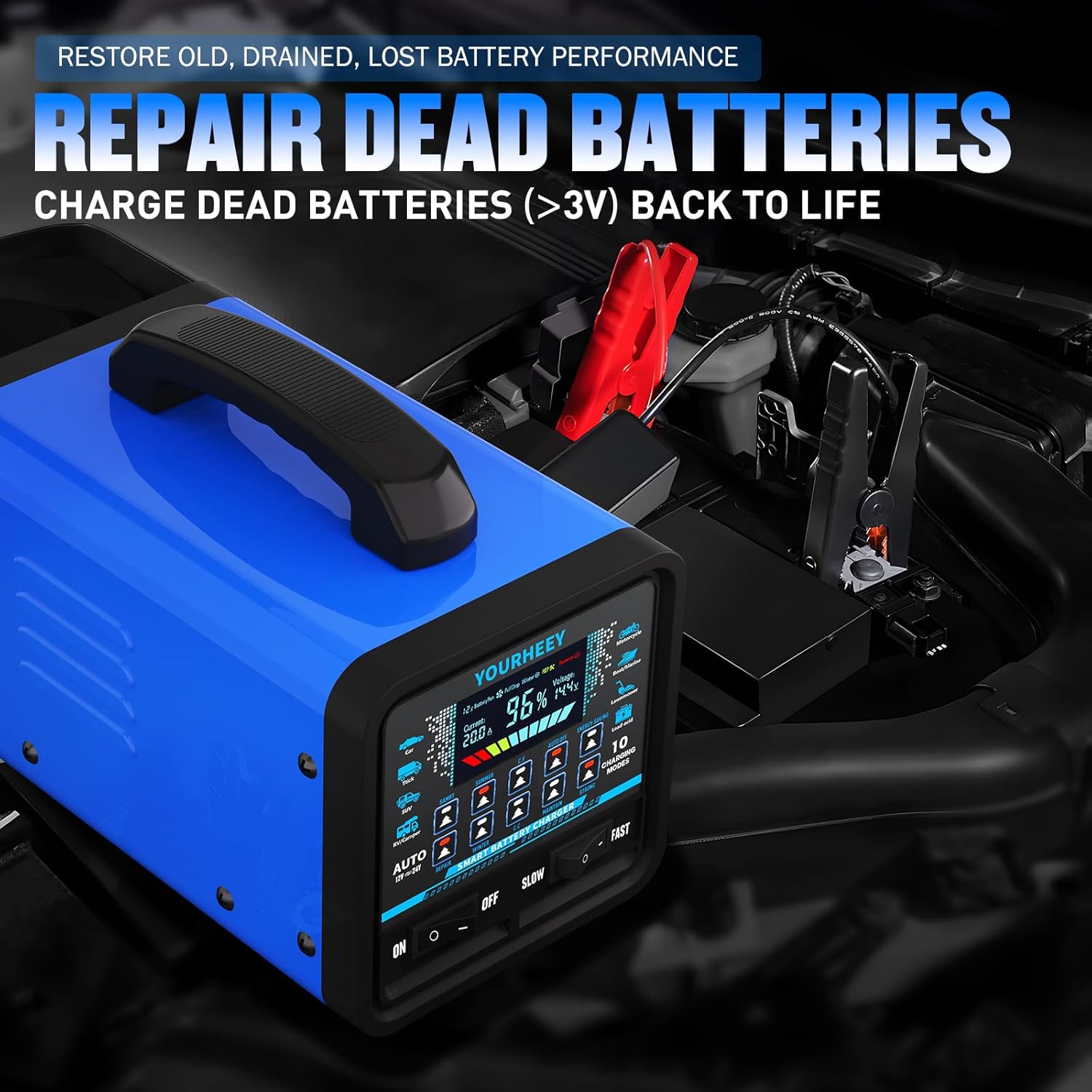 Thumbnail 3 de yourheey 2026 Upgraded 12V/24V 0-20A Heavy Duty Battery Charger/Maintainer with Auto Shutoff, Repair & Winter Mode