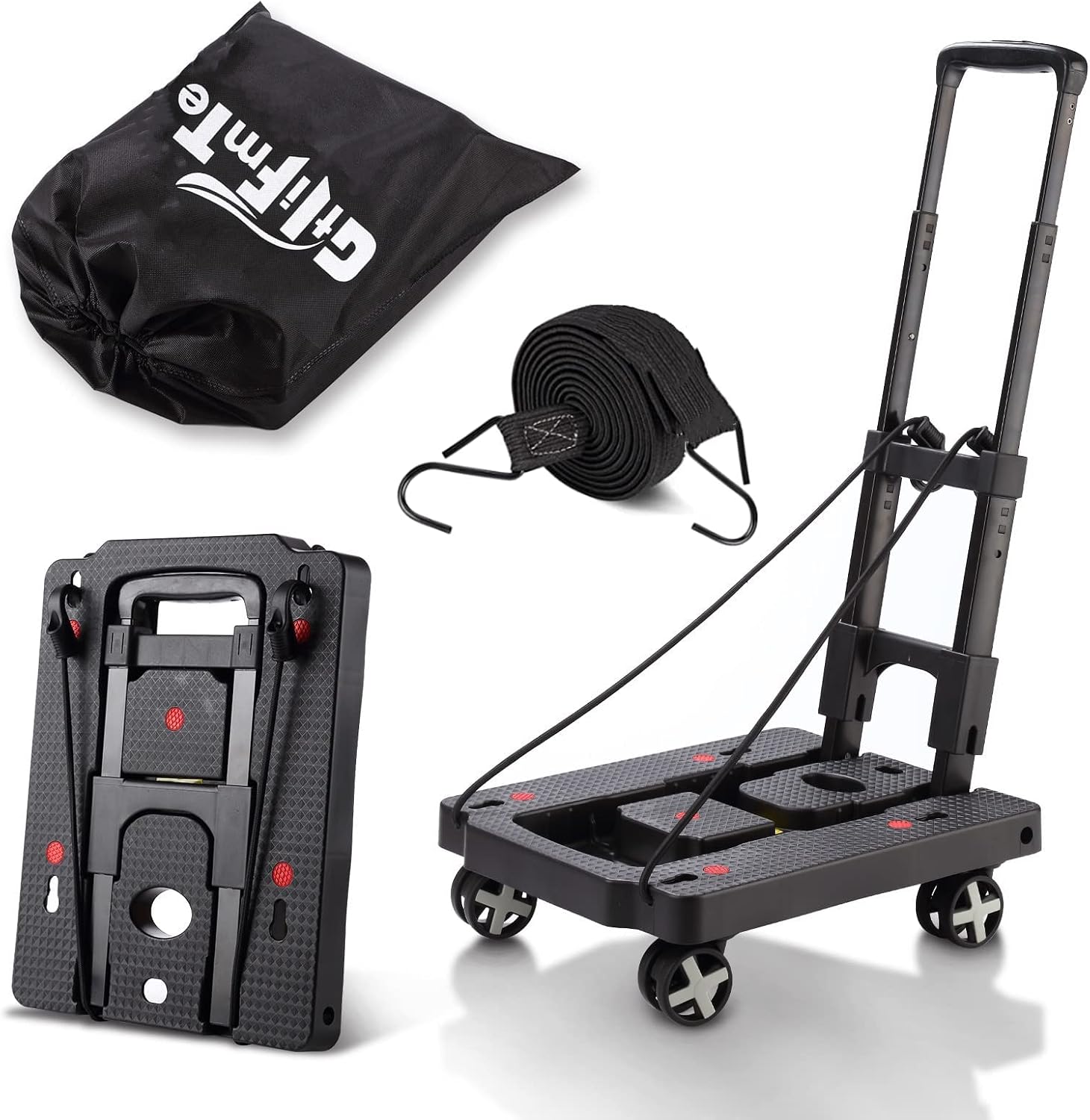 Detalle de GtIiFmTe GtIiFmTe-001 Foldable Hand Truck, 4 Swivel Wheels, 3 Bungee Cords