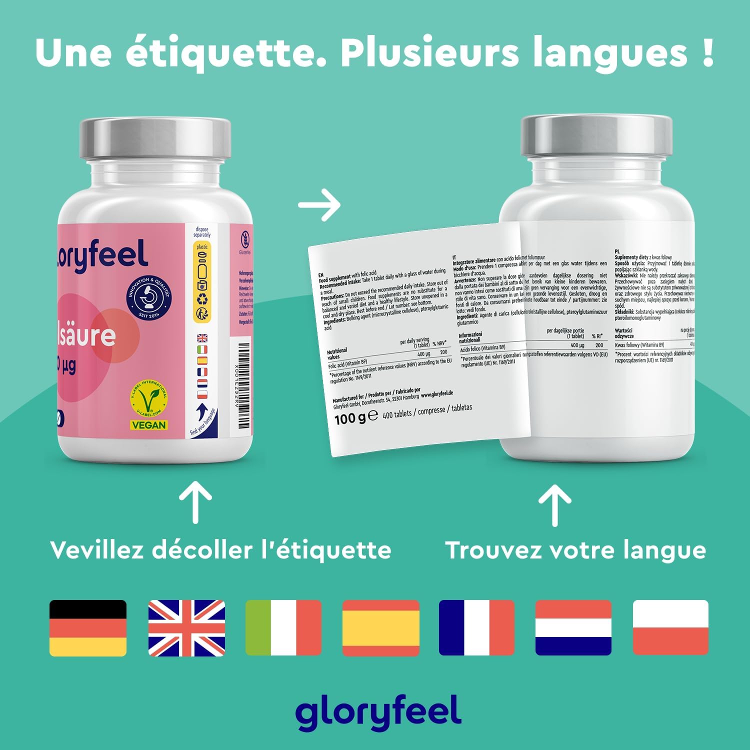 Detalle 2 de Acide Folique Vitamine B9 400 µg – 400 comprimés (13 mois), 100% végétalien et sans additifs