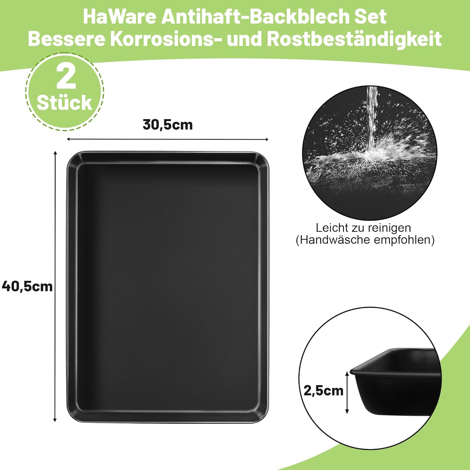 Detalle de HaWare Backblech 2er Set Groß – Antihaft Ofenbleche 40,5 × 30,5 × 2,5 cm, rostfrei & leicht zu reinigen