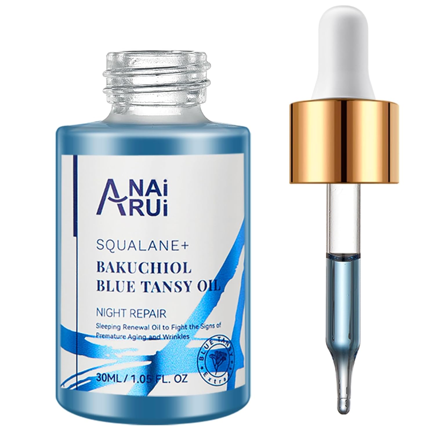Detalle de ANAiRUi Bakuchiol Oil mit Blue Tansy – pflanzliches Gesichtsöl als Retinol-Alternative (30 ml)
